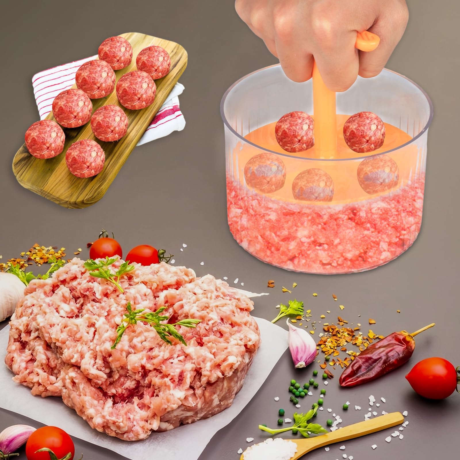 Premium 5-in-1 Meatball Maker Kitchen Tool - Transparent Meatball Press for Homemade Meatballs, Shrimp Balls, Veggie Balls & Round Pastries - Durable Orange Cooking Gadget for Easy Meal Prep & Party Snacks