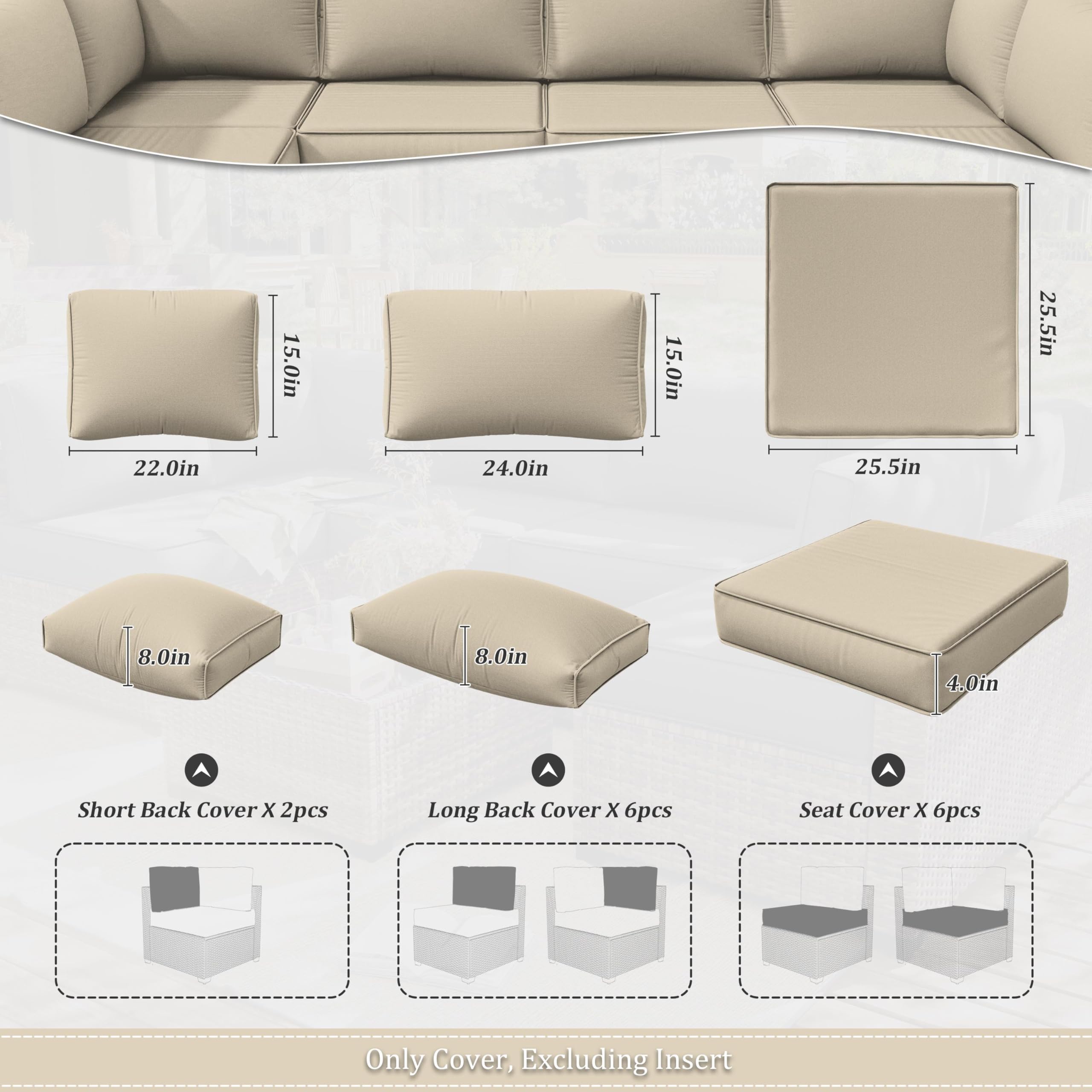 14-Piece Waterproof Outdoor Cushion Covers with Zipper - Replacement Slipcovers for Patio Furniture, Sofa & Couch (3 Sizes) - Perfect for Backyard, Deck, Poolside & Garden Use