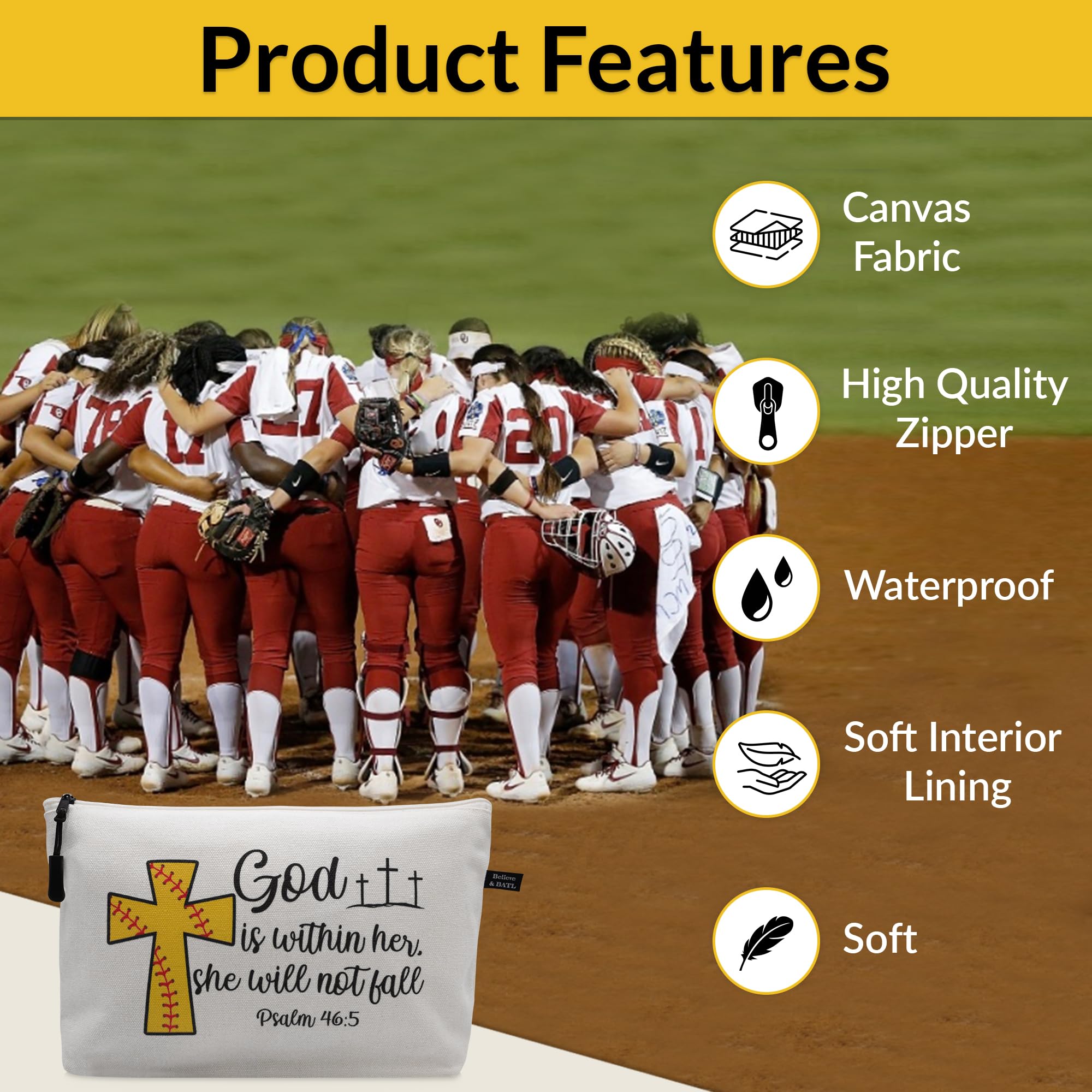 **Softball Gifts for Girls - Inspirational Linen Softball Makeup Bag with Scripture - Spacious & Durable Travel Toiletry Bag for Women - Perfect Birthday, Game Day & Team Gifts - Great for Sports Lovers, Athletes & Softball Players**    *(Use Cases: Ideal for game day essentials, travel, gym bags, team gifts, or motivational presents for softball players.)*
