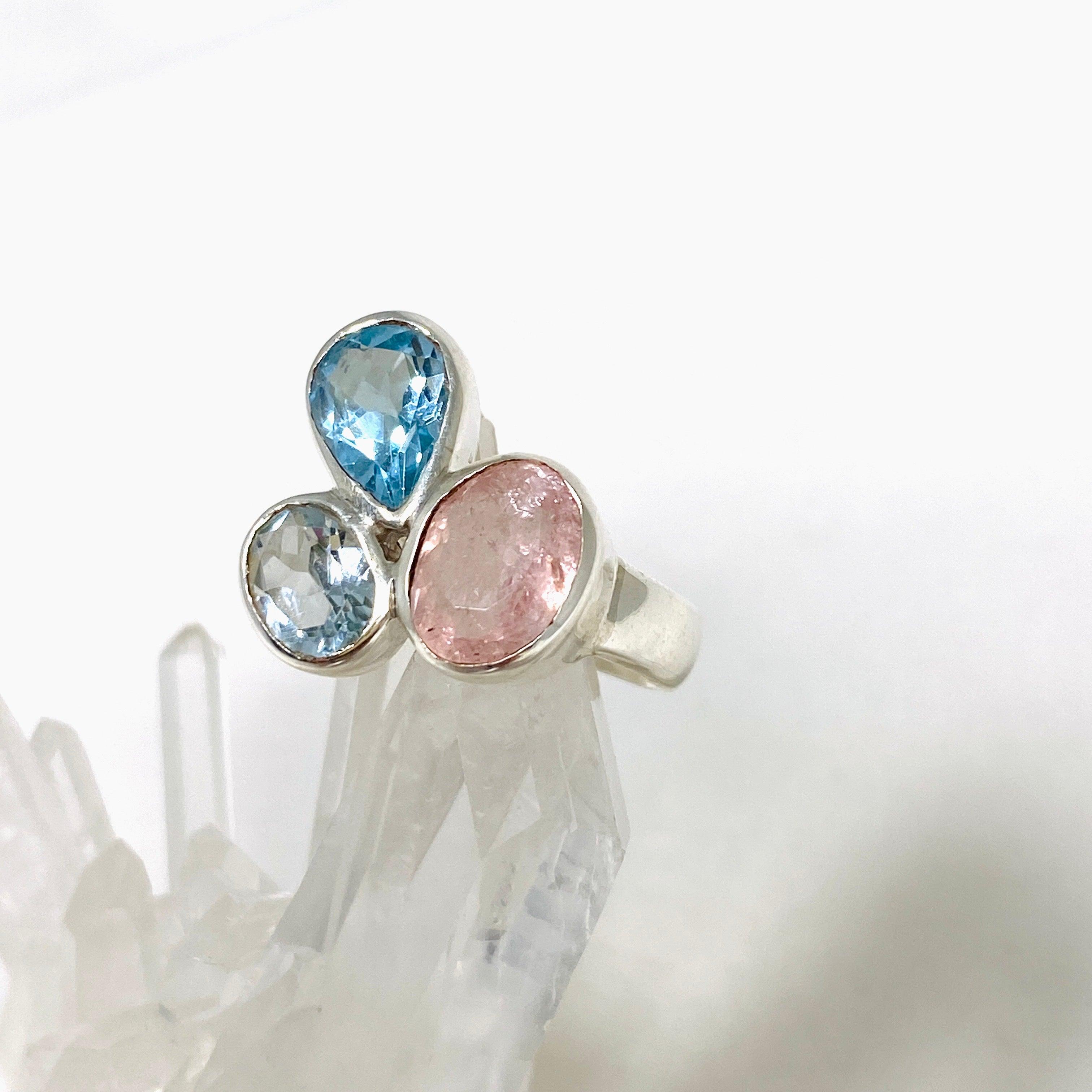 Morganite & Blue Topaz Faceted Multi-Stone Ring - Size 7 | Elegant Birthstone Jewelry for Women | Perfect for Anniversaries, Engagements & Special Occasions