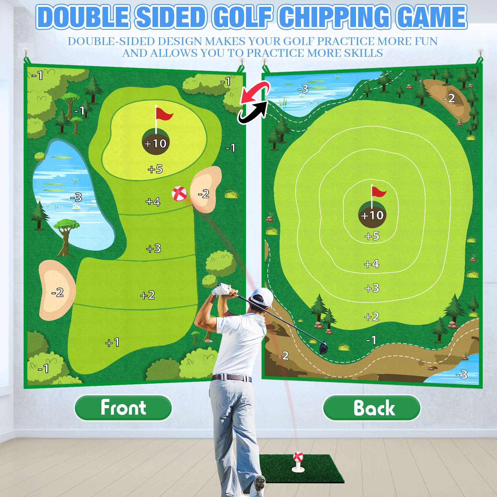 Double-Sided Chipping Golf Game Set with Practice Mats & 20 Balls - Backyard & Indoor Outdoor Family Fun Game for Adults & Kids - Perfect for Parties, Picnics, and Backyard Entertainment