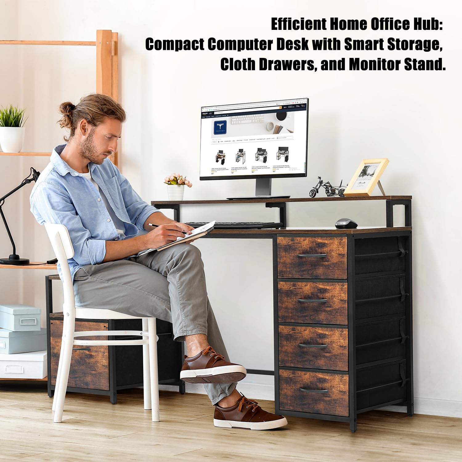 TOPSKY 62.4 Inch Bamboo Computer Desk with Storage Shelf & File Drawer - Home Office Desk with Monitor Stand, Study Table for Letter Size Documents | Perfect for Small Spaces, Remote Work & Online Learning