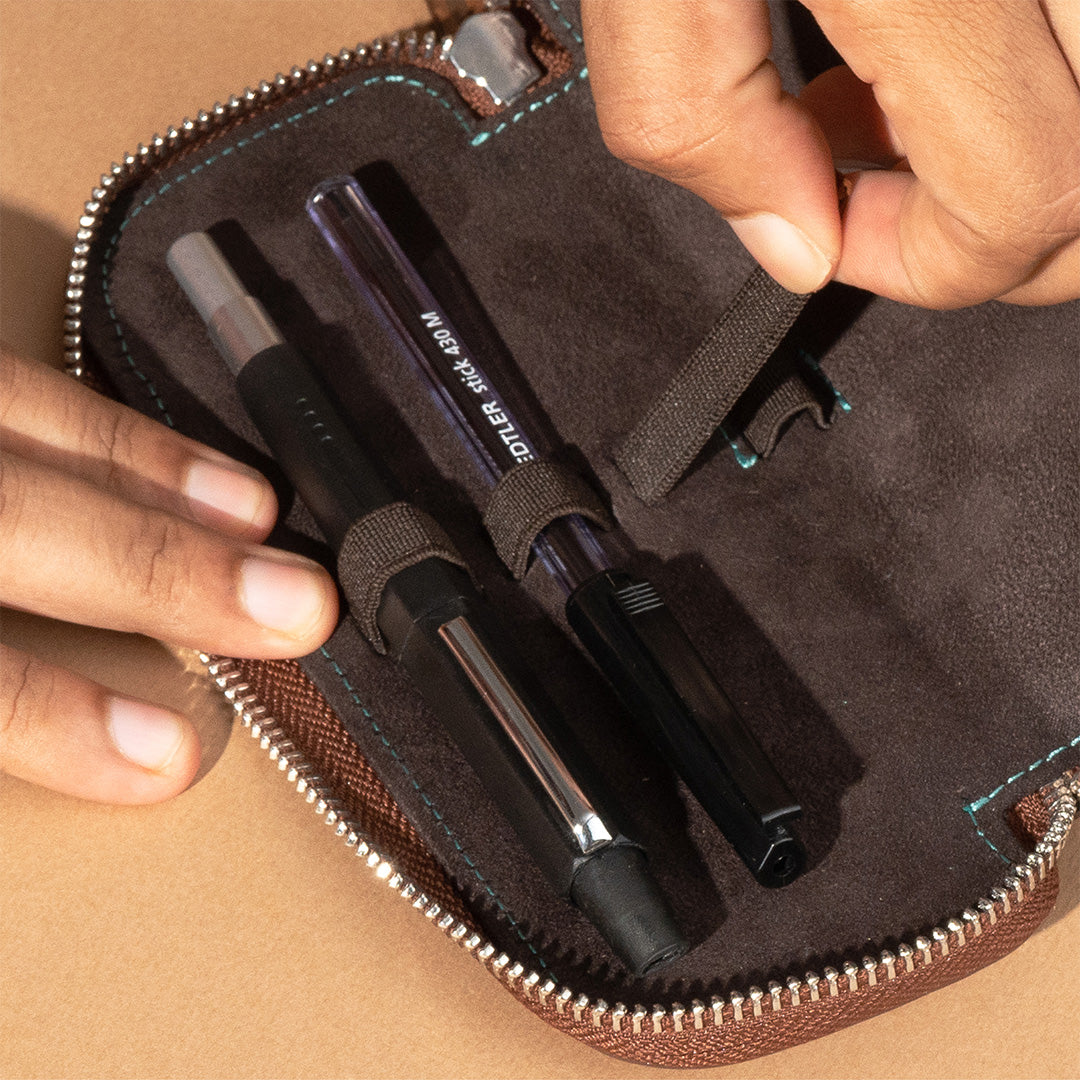 Premium Adjustable Leather Pen Pouch - Holds 3 Pens - Genuine Brown Leather - Perfect for Office, School & Travel Organization