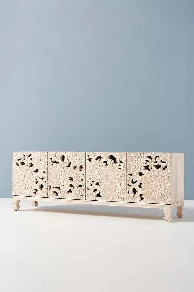 Handmade Hardwood Lotus Flower Media Console Table - Warm White Finish for Living Room, Bedroom & Home Decor