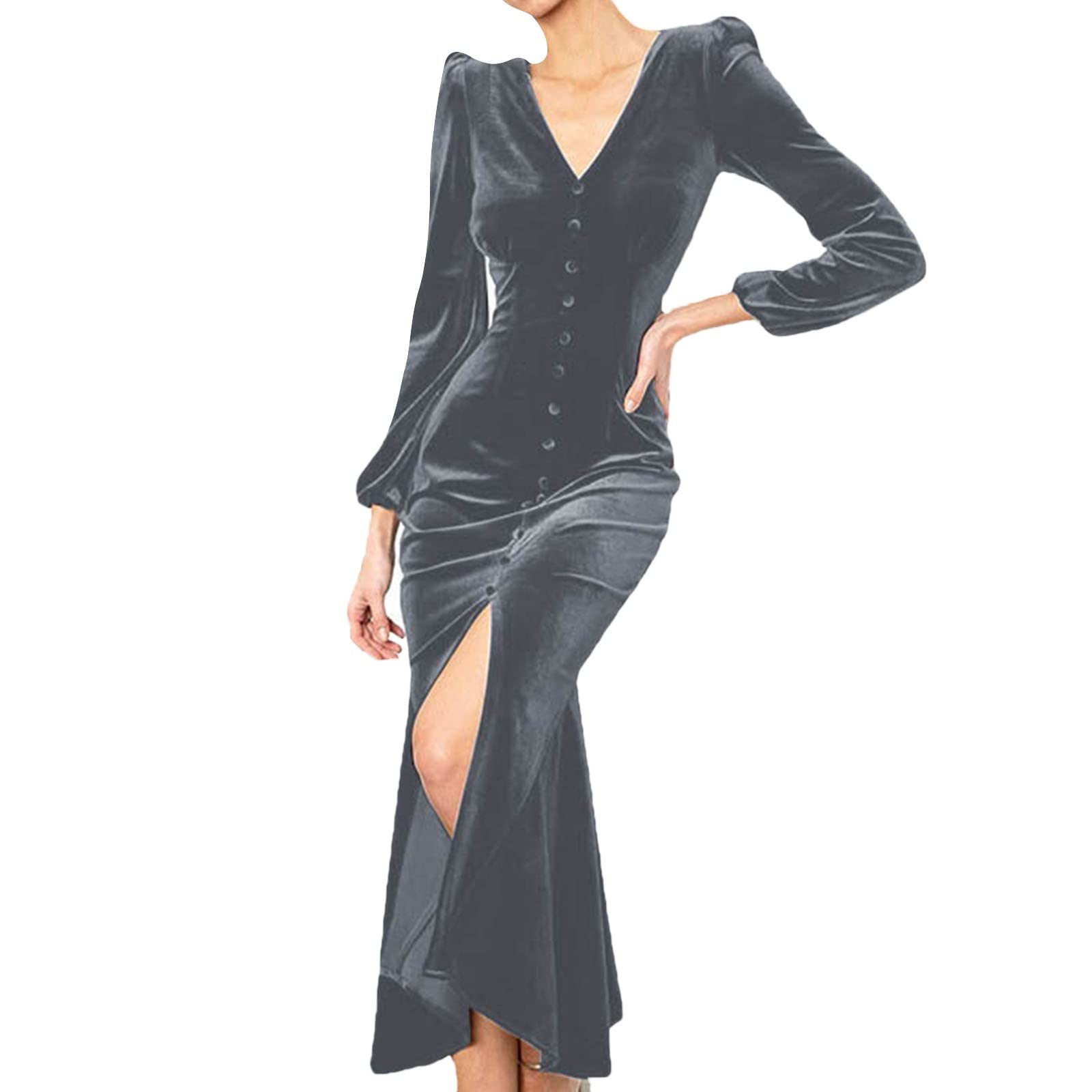 ETHKIA Women's V-Neck Long Sleeve Shoulder Pad Dress - Elegant Midi Dress for Autumn Winter & Summer - Office Work, Party, Wedding, Date Night Outfits