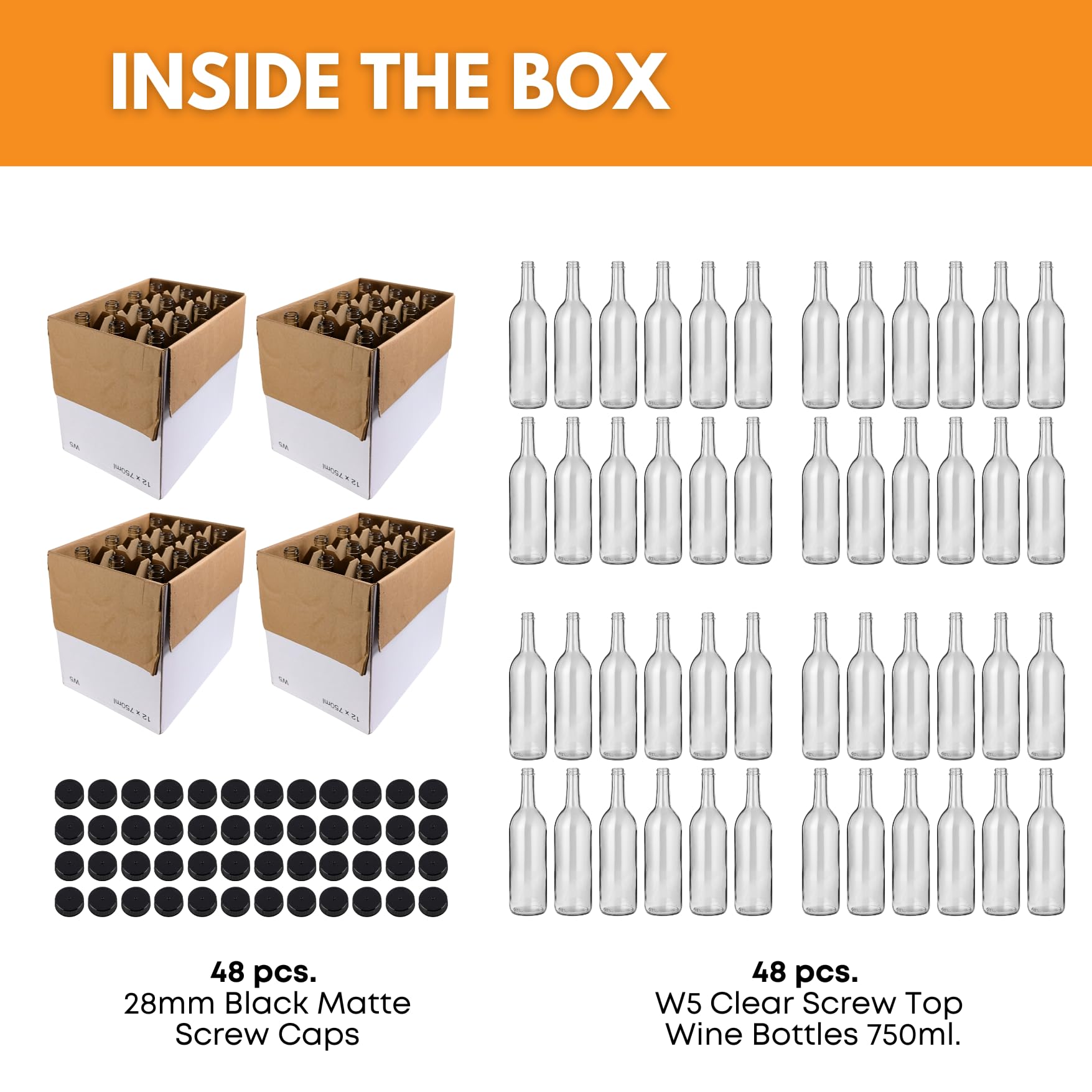 FastRack 750ml Clear Glass Bordeaux Wine Bottles with Black Plastic Screw Caps - 4 Cases of 12 (48 Bottles) - Flat Bottom Design for Home Brewing, Winemaking & Craft Cocktails