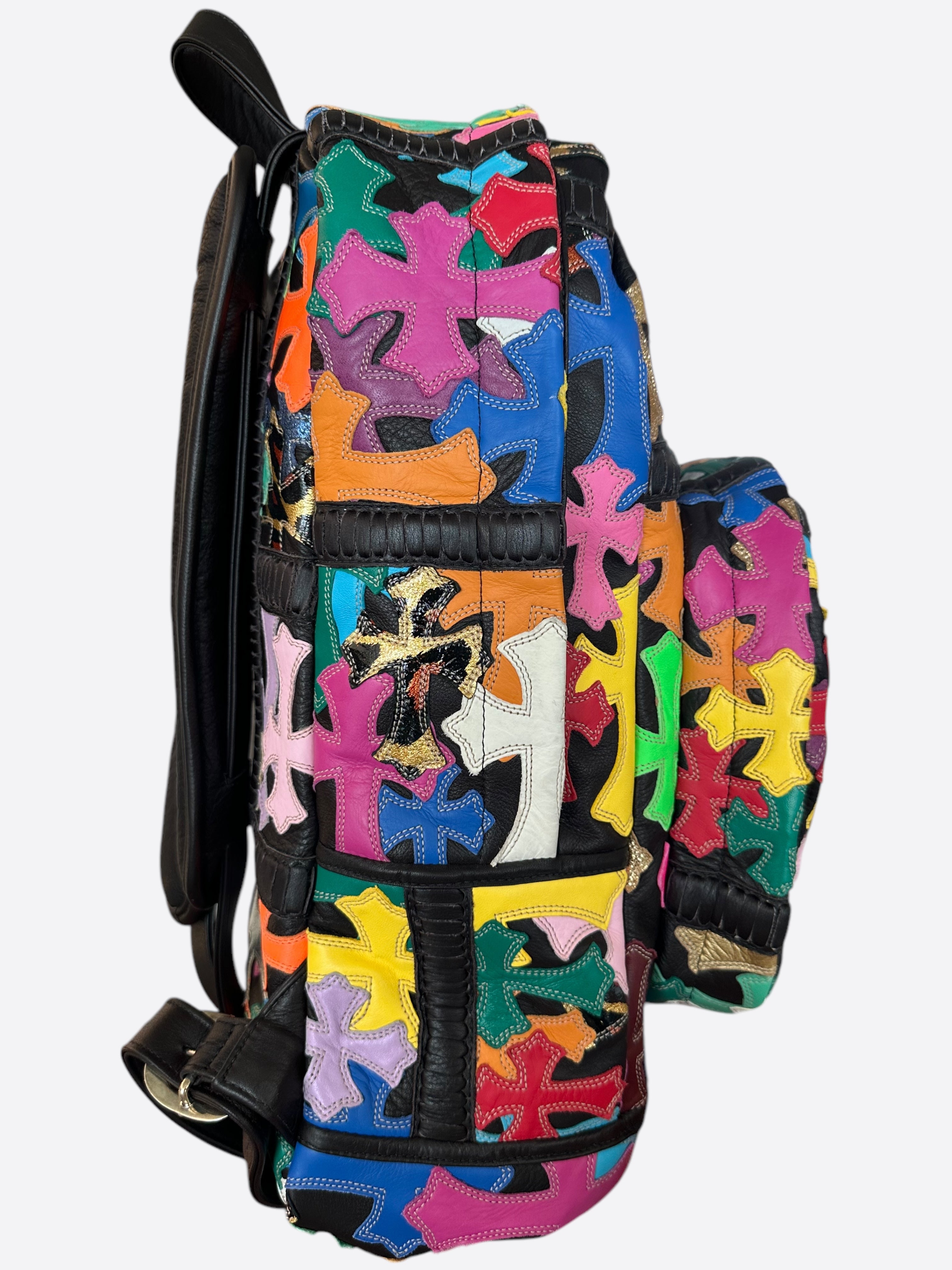 Chrome Hearts Black Multicolor Cross Patch Leather Backpack for Women & Men - Stylish Gothic Fashion Accessory for Travel, School & Everyday Use