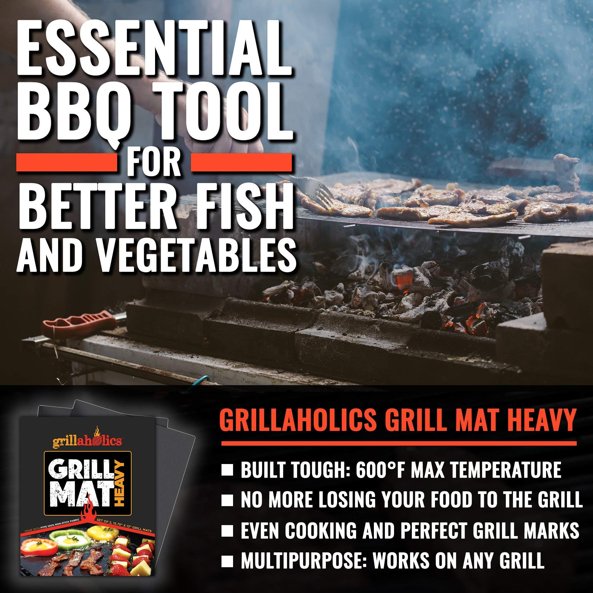 Grillaholics Essentials Heavy Duty Nylon Grill Brush & Non-Stick BBQ Grill Mat Set - Perfect for Outdoor Grilling, Backyard BBQs, and Camping Cooking Accessories