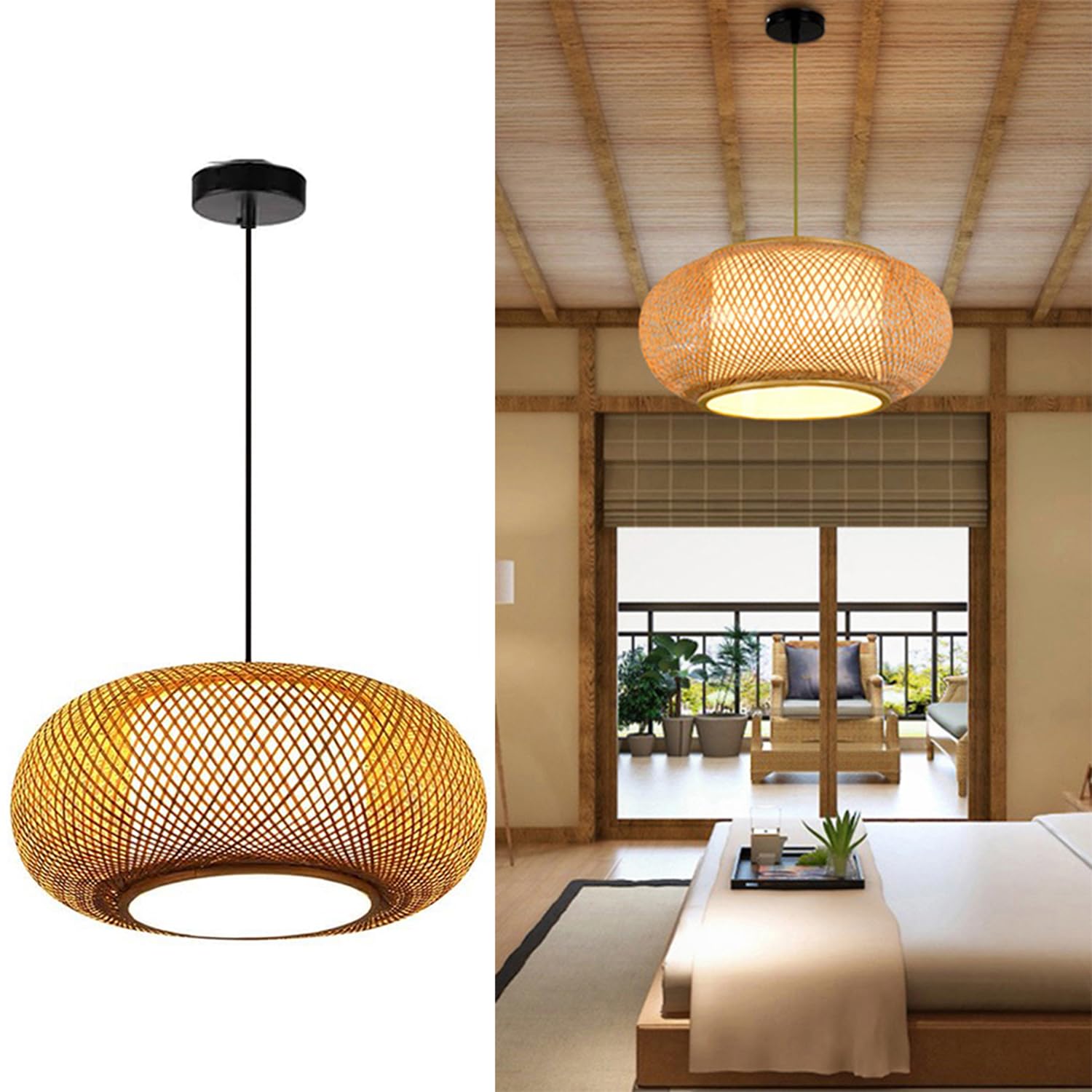 Rustic Rattan Pendant Light Fixture - Farmhouse Bamboo Chandelier with Wicker Shade Basket for Dining Room, Kitchen Island, Living Room & Bedroom | Perfect for Boho Decor, Cottage Style Homes and Cozy Indoor Lighting
