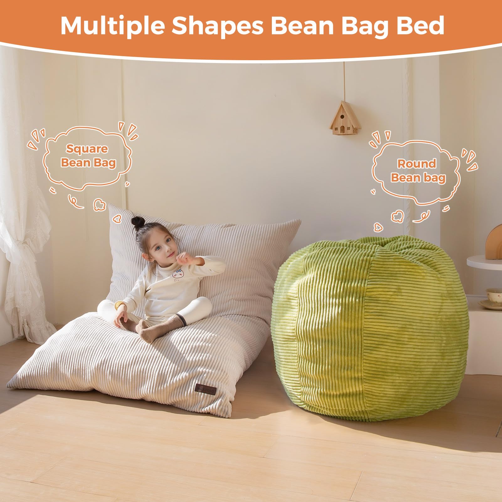 MAXYOYO 3-in-1 Convertible Kids Bean Bag Chair & Bed - Multi-Functional Floor Sofa for Children's Room, Gaming, Reading & Nap Time - Soft Beige Fabric for Comfort & Style