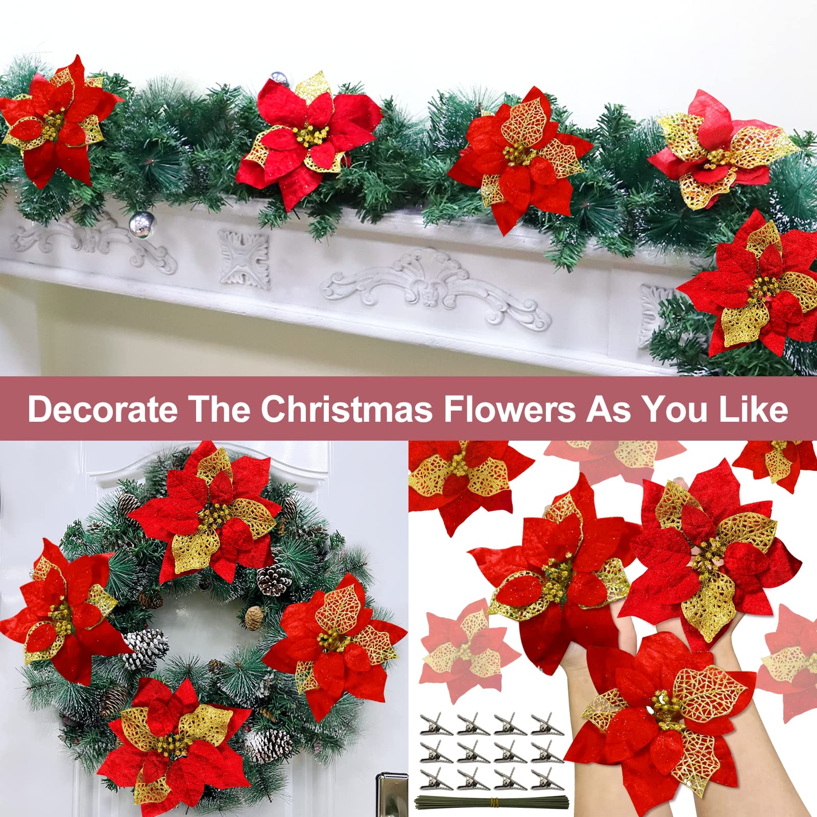 12 Pack 8.7 Inch Large Christmas Glitter Red Poinsettia Artificial Silk Flowers - Festive Tree Picks & Holiday Decor for Christmas Trees, Wreaths, Garlands, Centerpieces and Mantel Decorations (Red)