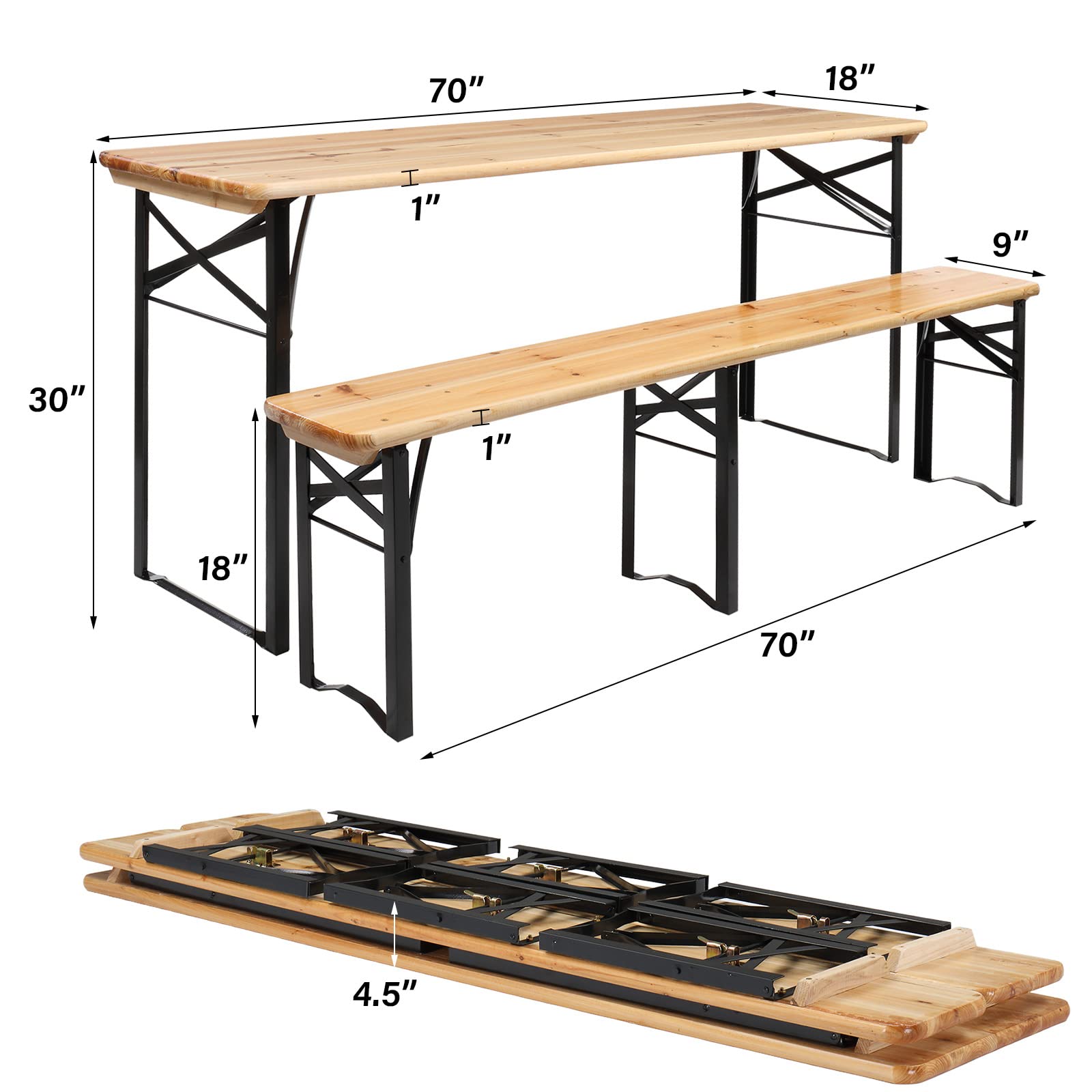 VINGLI 70 Inch Folding Picnic Table with Benches Set - Weather-Resistant Wooden Outdoor Dining Table, 3-Piece Portable Camping BBQ Table with Carry Handles - Perfect for Backyard, Garden, Patio, and Outdoor Gatherings