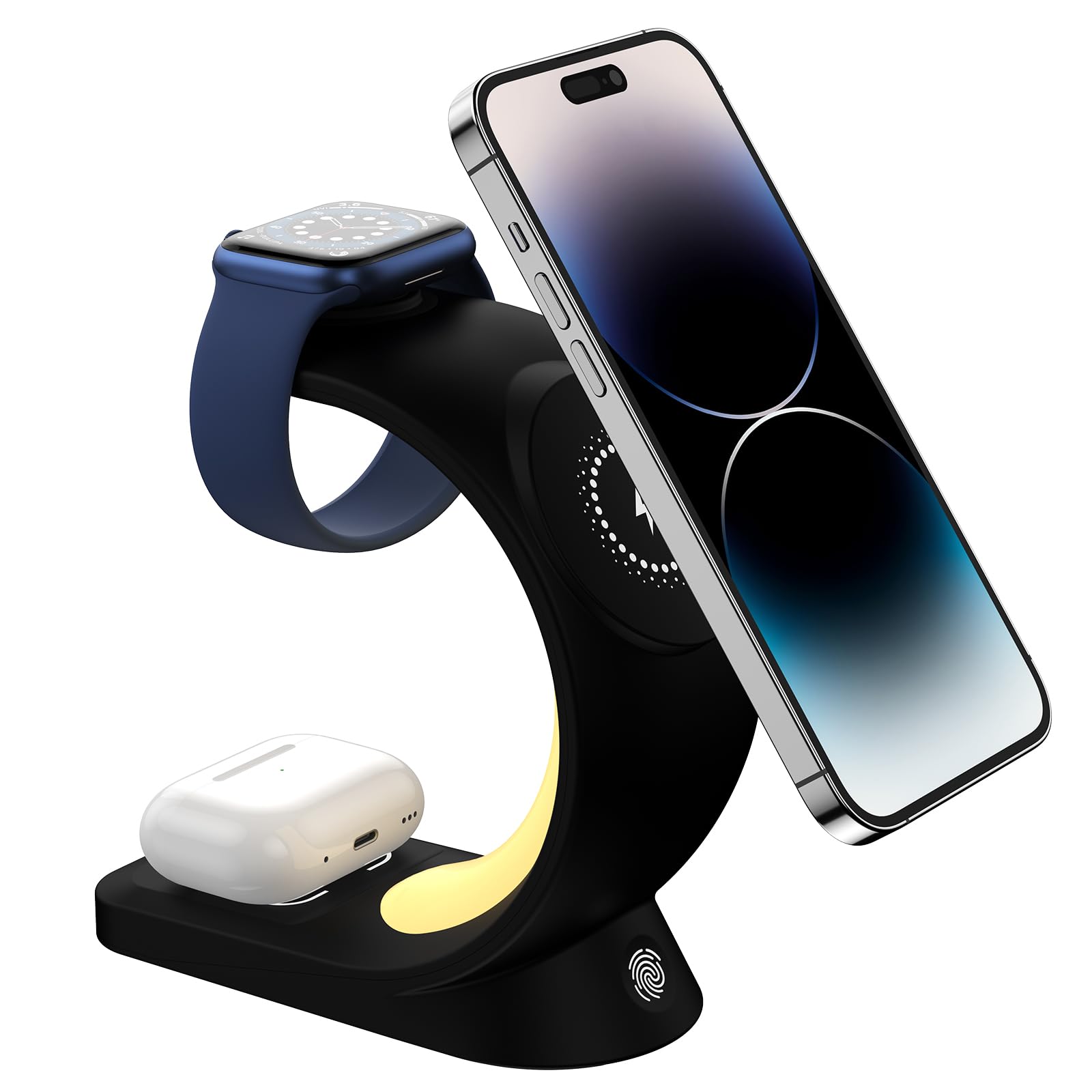 Magnetic Multi Wireless Charging Stand with RGB LED Night Light - 4-in-1 Fast Charger Station Compatible with iPhone 14/13/12 Series (Pro/Max), Apple Watch Series 2-8 & AirPods - Perfect for Bedside, Office & Travel (Ink Black)