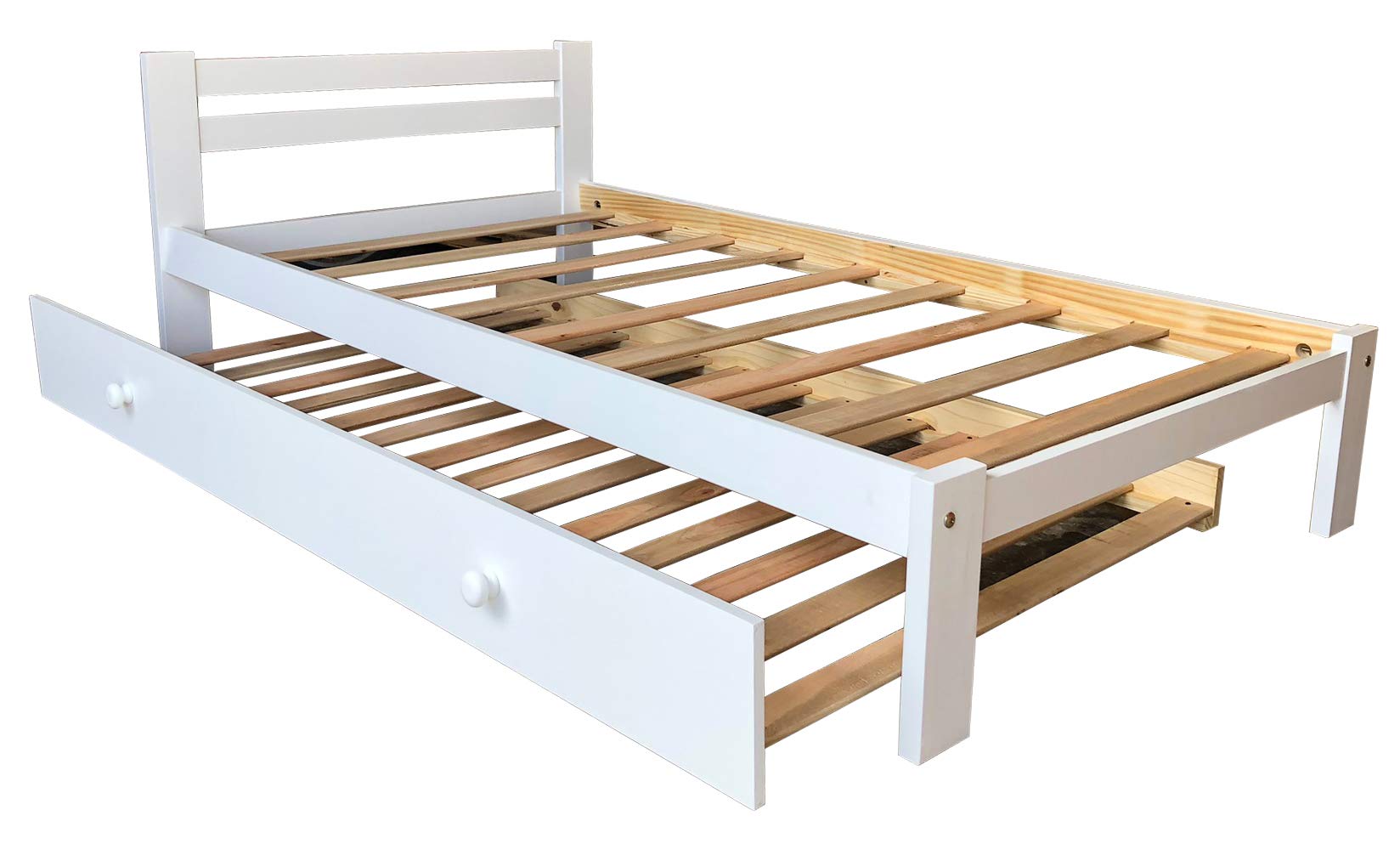 White Twin Bed with Trundle - Solid Pine Wood Frame with Hardwood Slats - Kids Bedroom Furniture for Boys & Girls - Perfect for Sleepovers, Small Spaces & Guest Rooms