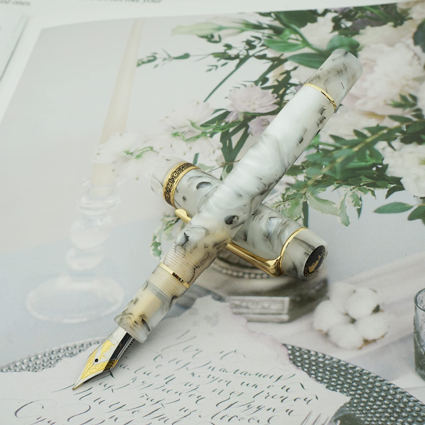 Asvine Kaigelu 316 White Marble Acrylic Fountain Pen with Iridium Medium Nib - Classic Elegant Writing Instrument with Ink Converter for Calligraphy, Journaling & Office Use