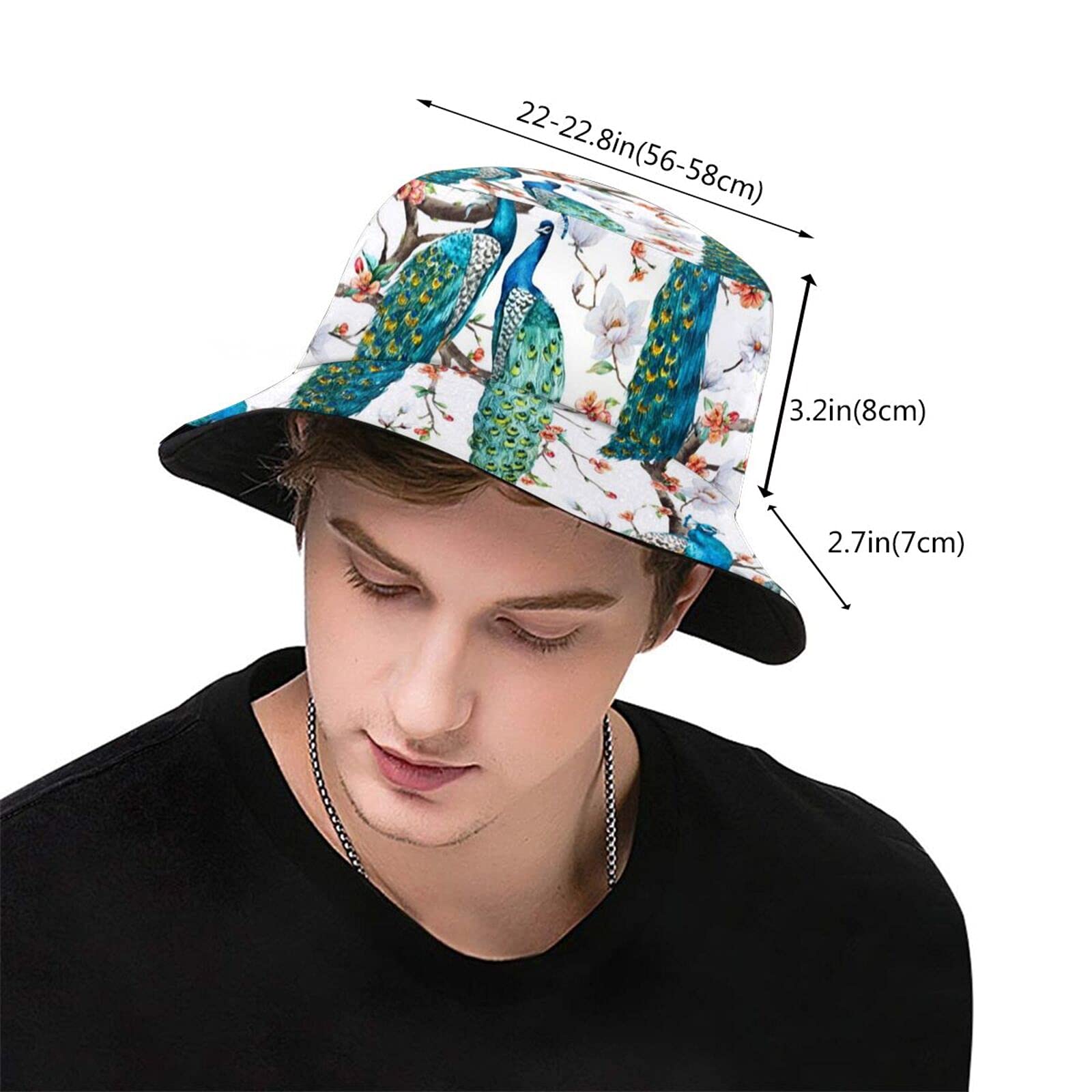 Stylish Peacock Feather Bucket Hat for Men & Women - UV Sun Protection, Wide Brim Fisherman Hat for Travel, Beach & Outdoor Activities