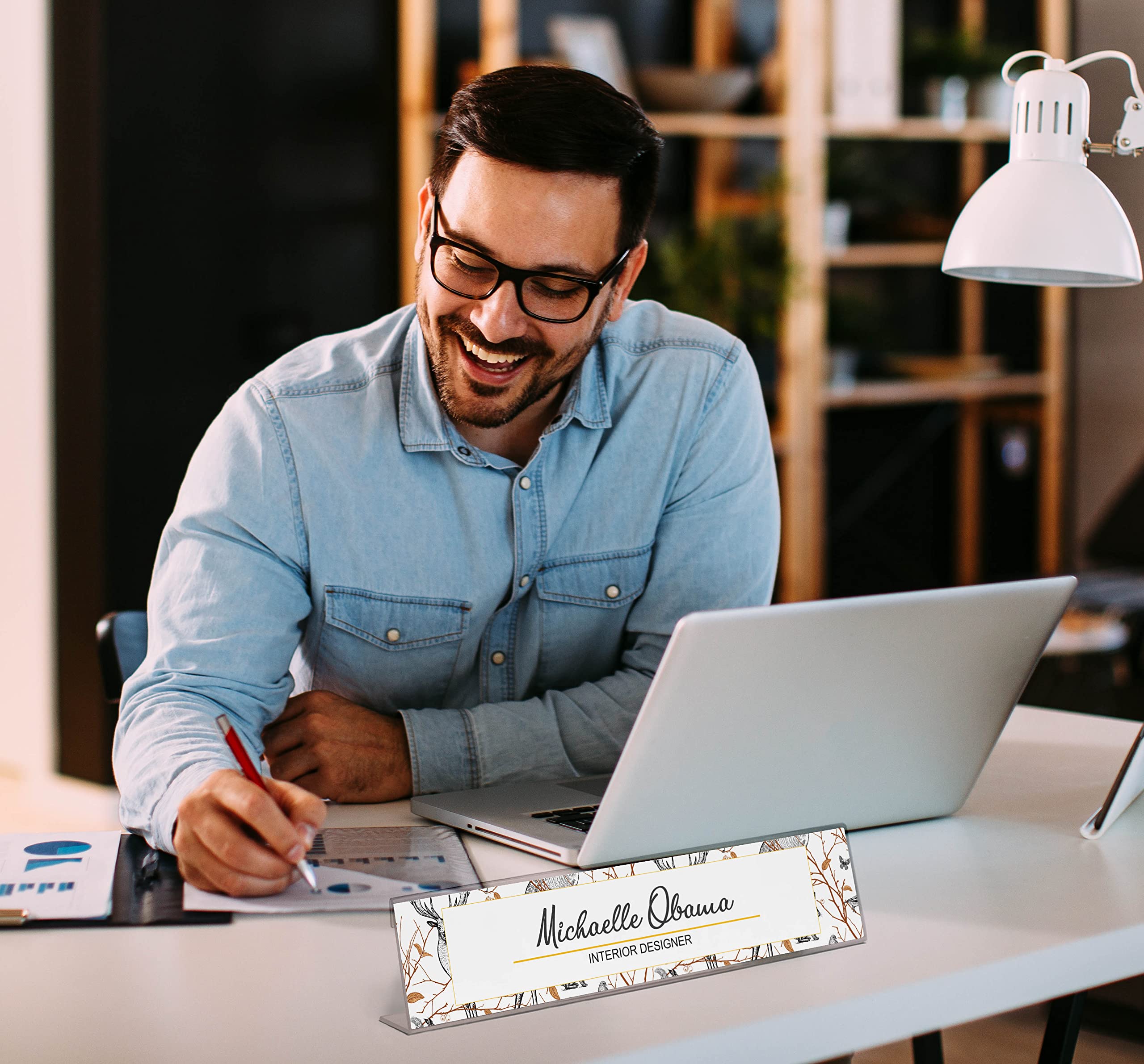 Personalized Acrylic Desk Name Plate - Custom White Tail Deer Design - 2x8 Inches Office Name Sign - Perfect for Corporate Gifts, Home Office Decor & Reception Desk Accessories