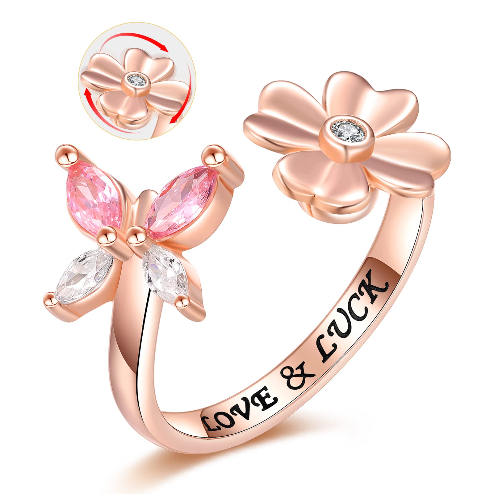 Silver & Rose Gold Adjustable Spinning Four-Leaf Clover Butterfly Ring - Lucky Charm Anxiety Relief Fidget Jewelry for Women, Dainty Rotating Clover Ring Gift for Her | Perfect for Stress Relief, Meditation & Everyday Wear