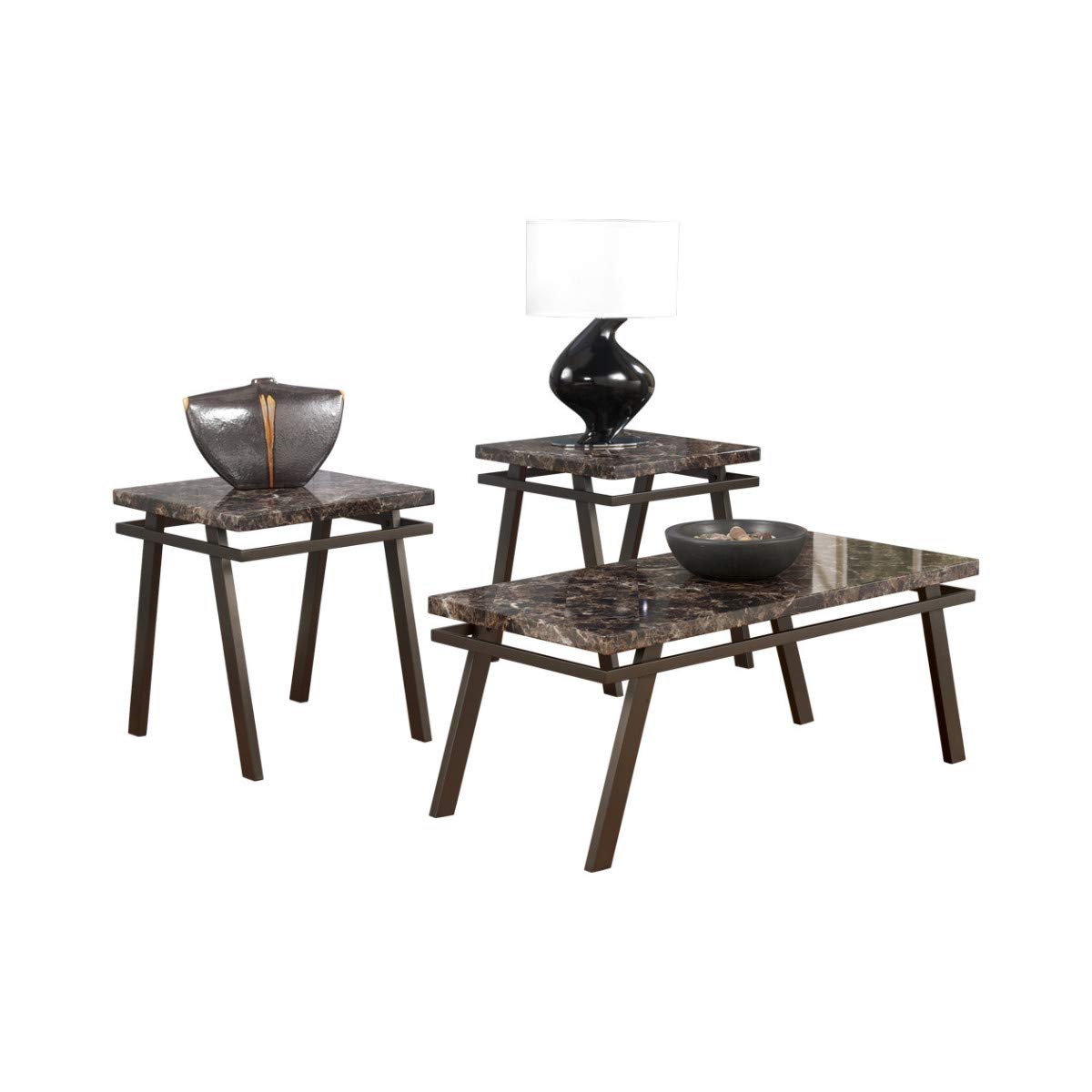 Elegant Faux Marble Top Dining Table Set with Flared Metal Legs - 3-Piece Modern Kitchen & Dining Room Furniture in Brown & Black | Perfect for Small Spaces, Apartments, and Contemporary Home Decor