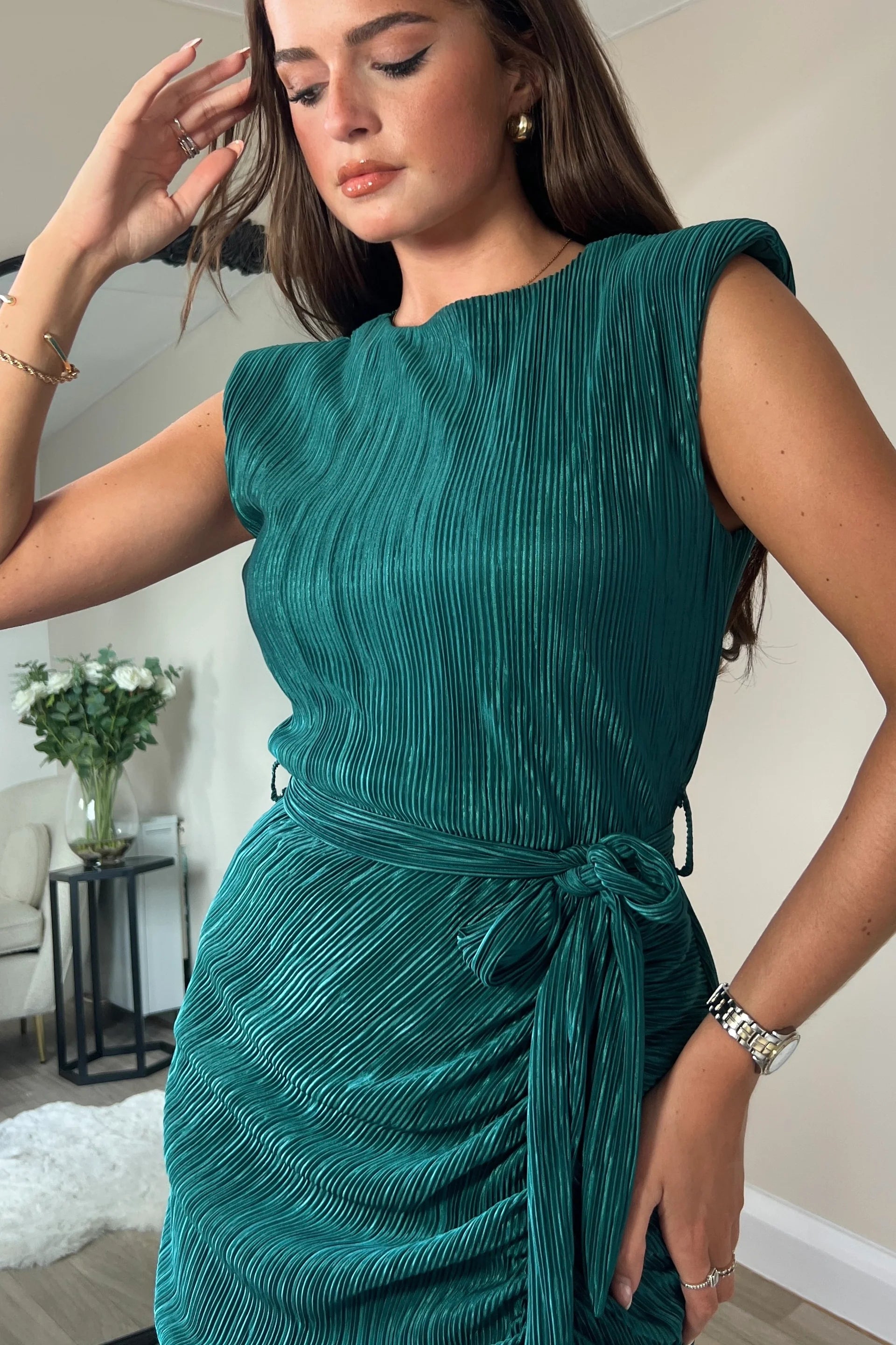 Elena Ruched Seamed Midi Dress in Teal - Elegant Bodycon Party Dress for Women, Perfect for Cocktail Parties, Date Nights & Special Occasions