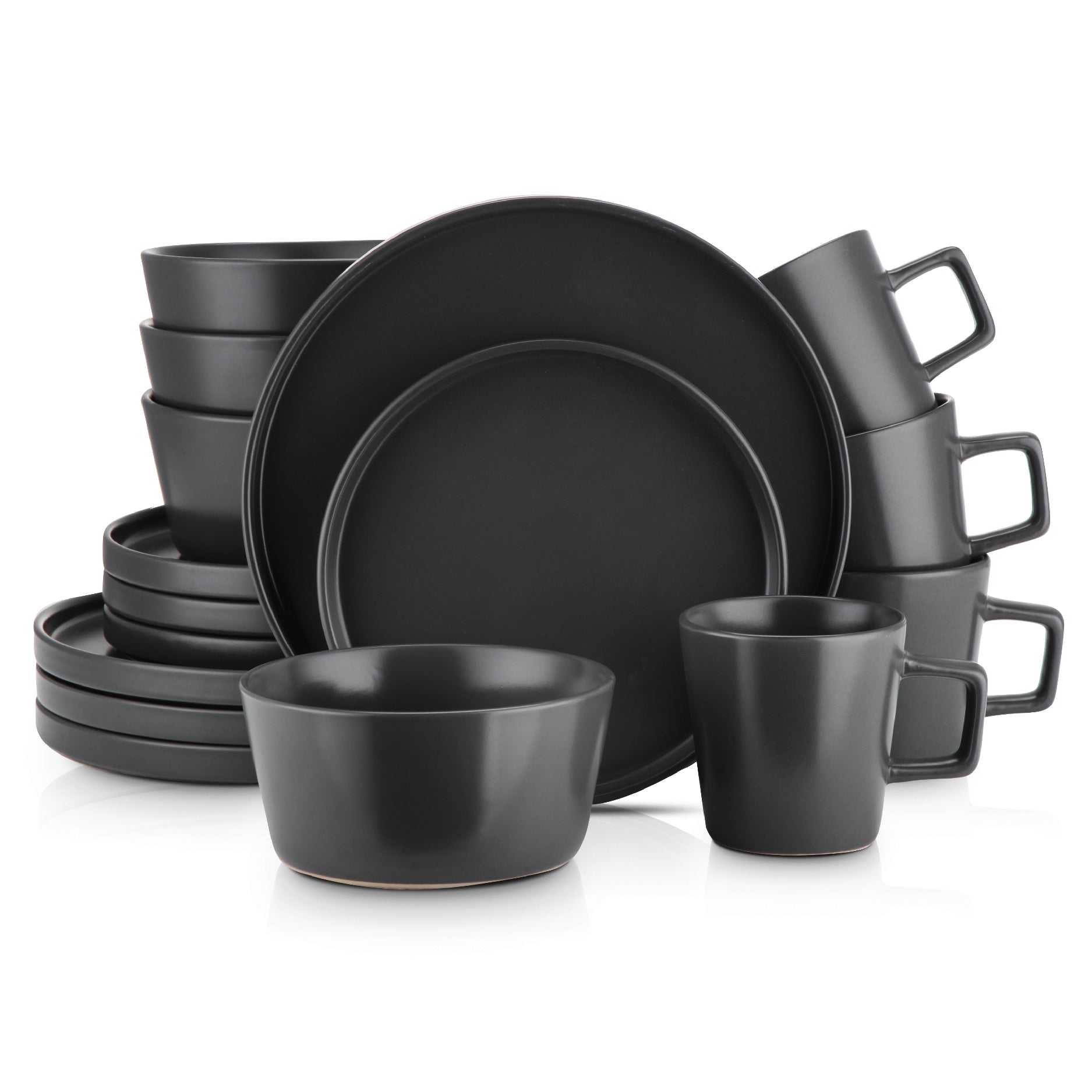 Premium Celina Stoneware Dinnerware Set - 16-Piece Black Matte Ceramic Plates & Bowls Set for Everyday Dining, Dishwasher & Microwave Safe - Perfect for Family Meals, Dinner Parties & Restaurant Use