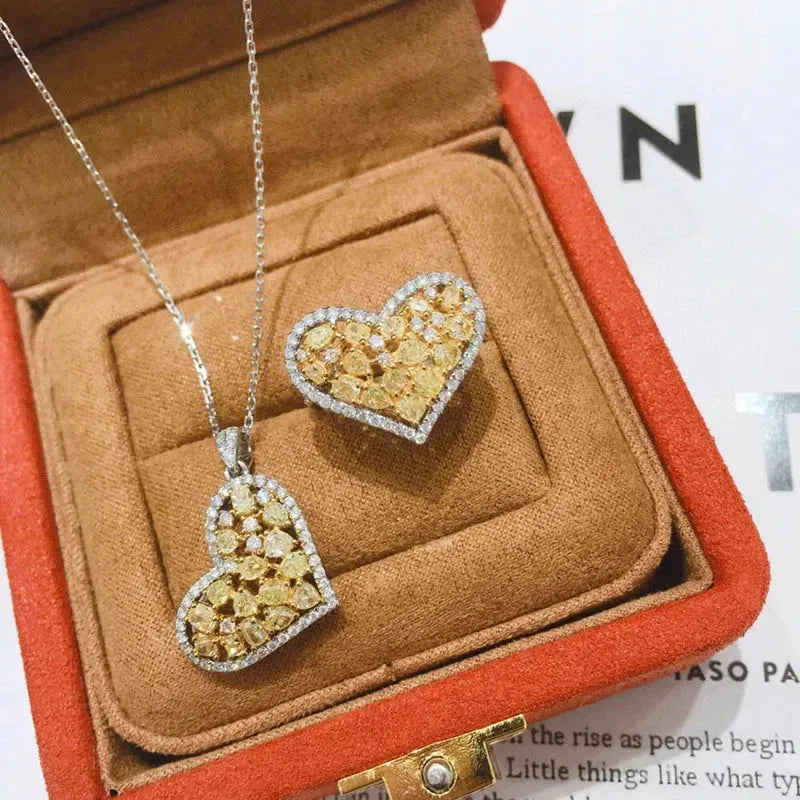 18K White Gold Real Yellow Diamond Heart Pendant Necklace for Women - 18 Inch Au750 Jewelry Set, Perfect Gift for Anniversary, Valentine's Day & Special Occasions