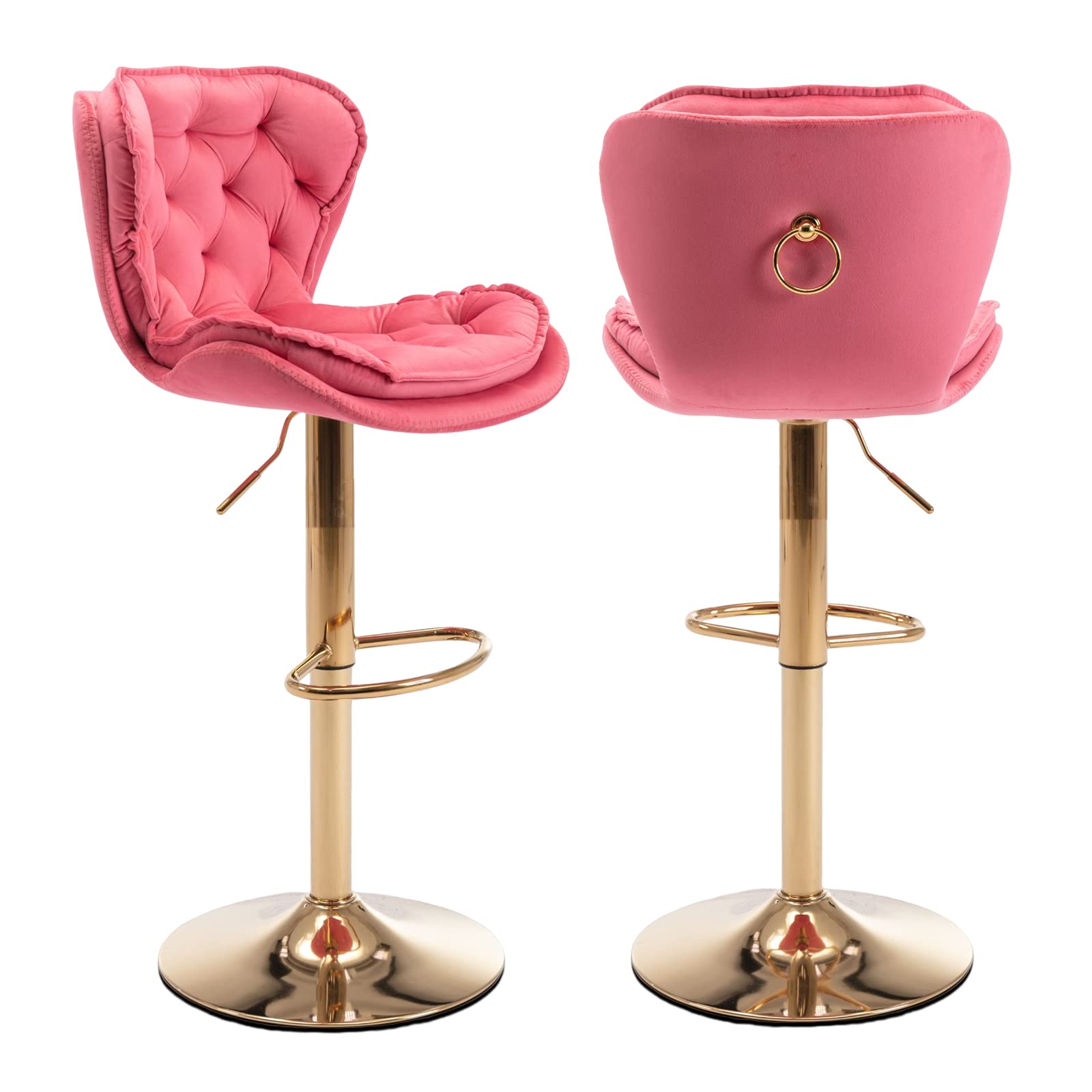 Modern Swivel Pub Height Barstool Set of 2 - Velvet Upholstered Hydraulic Counter Stool with Gold Base, Armless High Dining Chair for Kitchen Island, Bar & Breakfast Nook - Fuchsia Pink