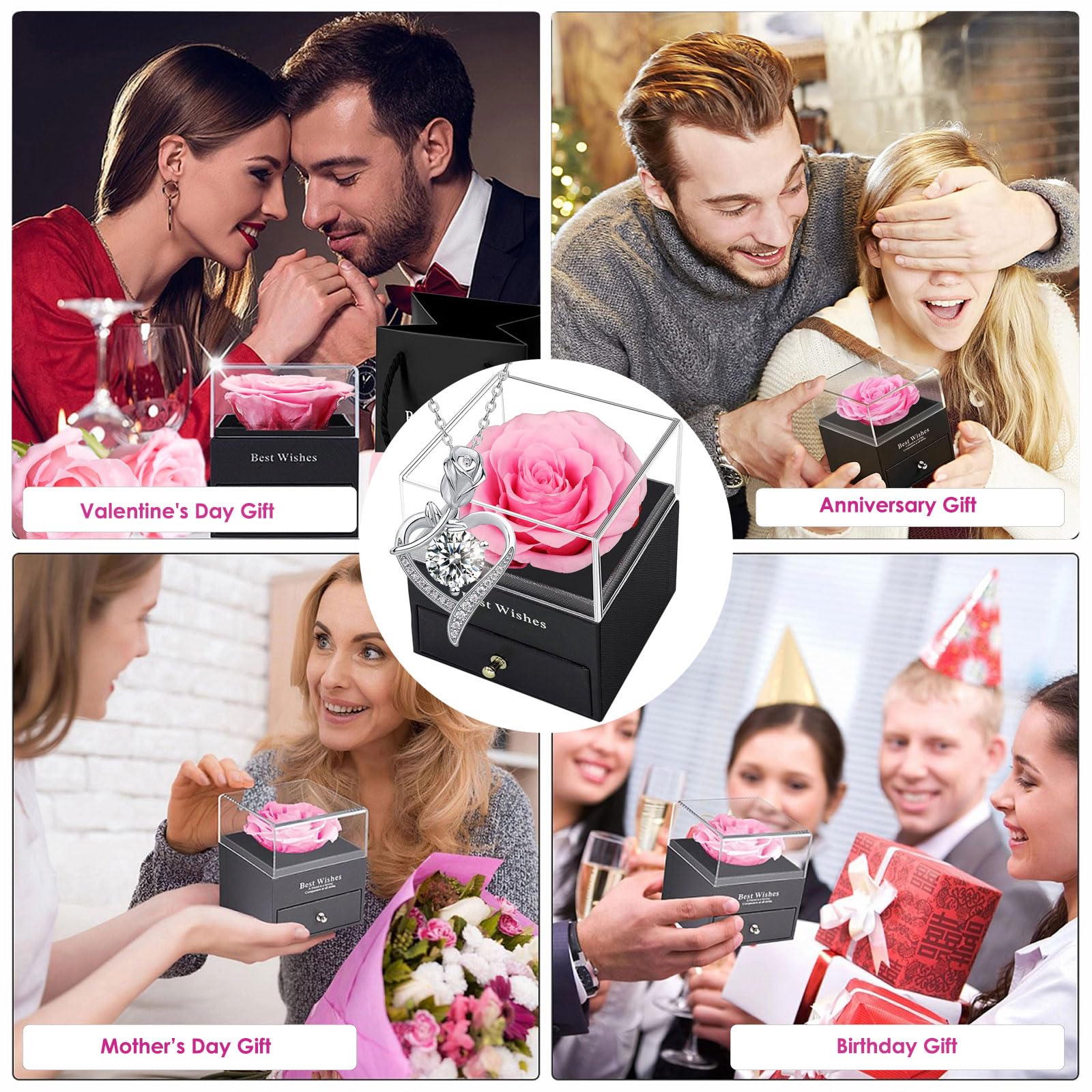 Preserved Rose Box with Necklace - S925 Sterling Silver '100 Love You' Heart Pendant, Artificial Eternal Rose Gift for Women (Pink) | Romantic Anniversary Present, Valentine's Day Gift, Mother's Day Gift Idea | Perfect for Wedding Proposals, Bridal Showers & Special Occasions