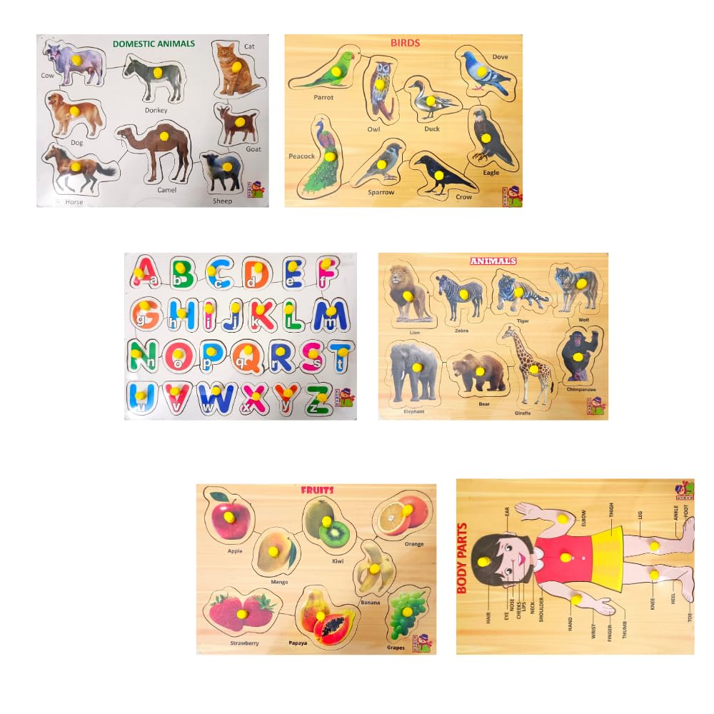 **Wooden Learning Boards for Kids & Adults - Educational Wooden Puzzle Toys Set (Fruits, ABCs, Numbers 1-20, Domestic & Wild Animals, Birds) - Perfect for Preschool Learning, Family Game Night & Montessori Activities**
