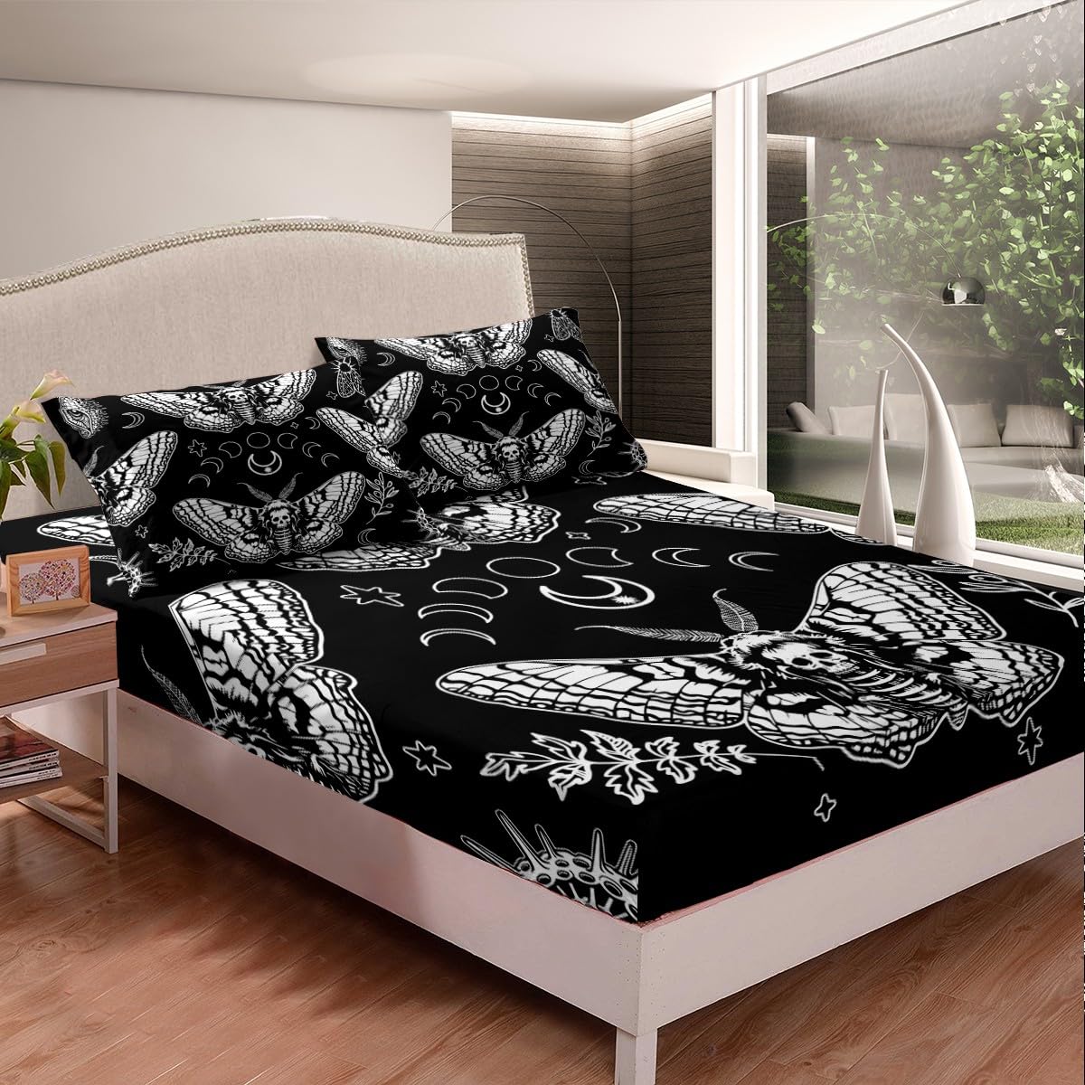 Gothic Skull Fitted Sheet Set - Death Moth & Floral Print Microfiber Bedding (2pc: Fitted Sheet + Pillowcase) - Twin Size for Kids Room, Halloween Decor & Gothic Bedroom Theme