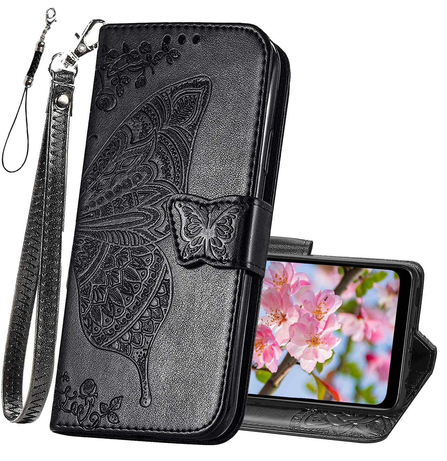 Motorola Moto G Pure Phone Case Wallet - Butterfly Embossed PU Leather Protective Cover with Card Holder Slots, Kickstand & Wrist Strap | Stylish Flip Case for Women | Perfect for Everyday Use, Travel & Work (Black)