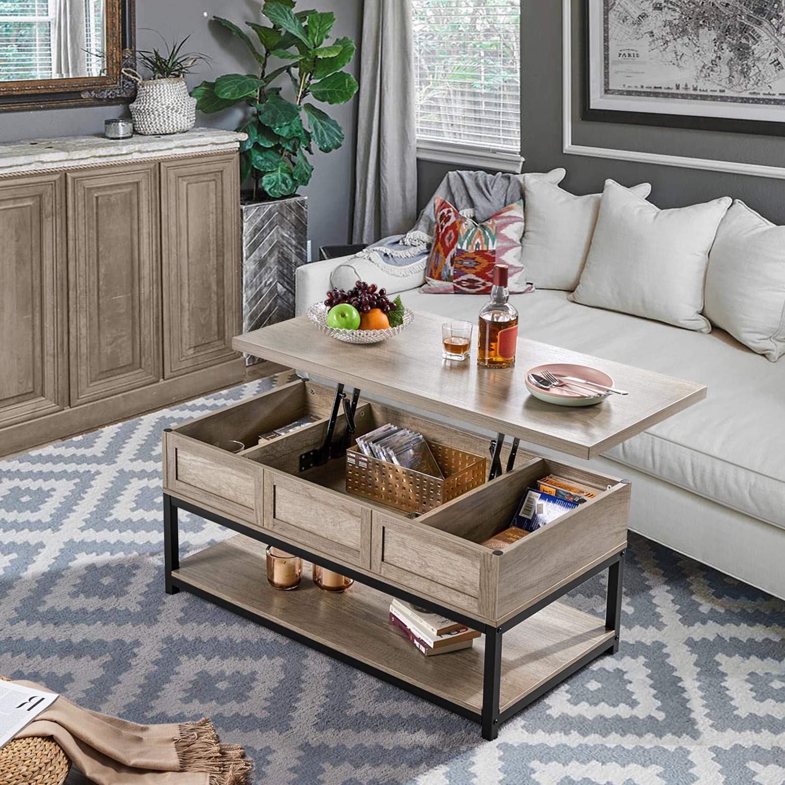 Yaheetech Lift Top Coffee Table with Hidden Storage & Open Shelf, Adjustable Height 18-23 Inches - Modern Gray Cocktail Table with Metal Frame for Living Room, Reception Area | Perfect for Entertaining, Remote Work & Small Space Living