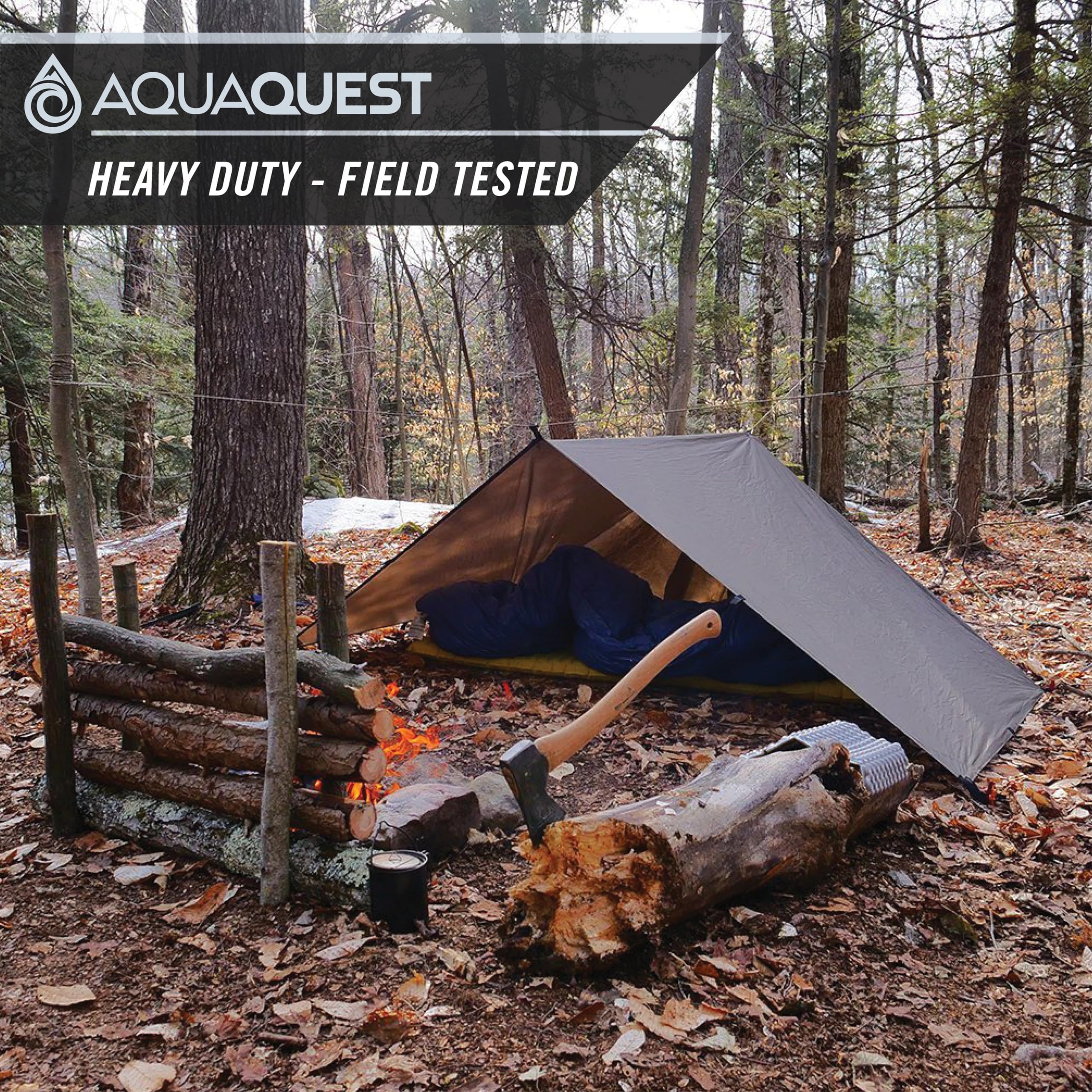 AquaQuest Defender Heavy Duty Waterproof Camping Tarp - All-Weather Tent Shelter & Rain Fly for Hiking, Backpacking, Bushcraft, Hammock - Perfect for Outdoor Adventures, Emergency Shelter & Rain Protection
