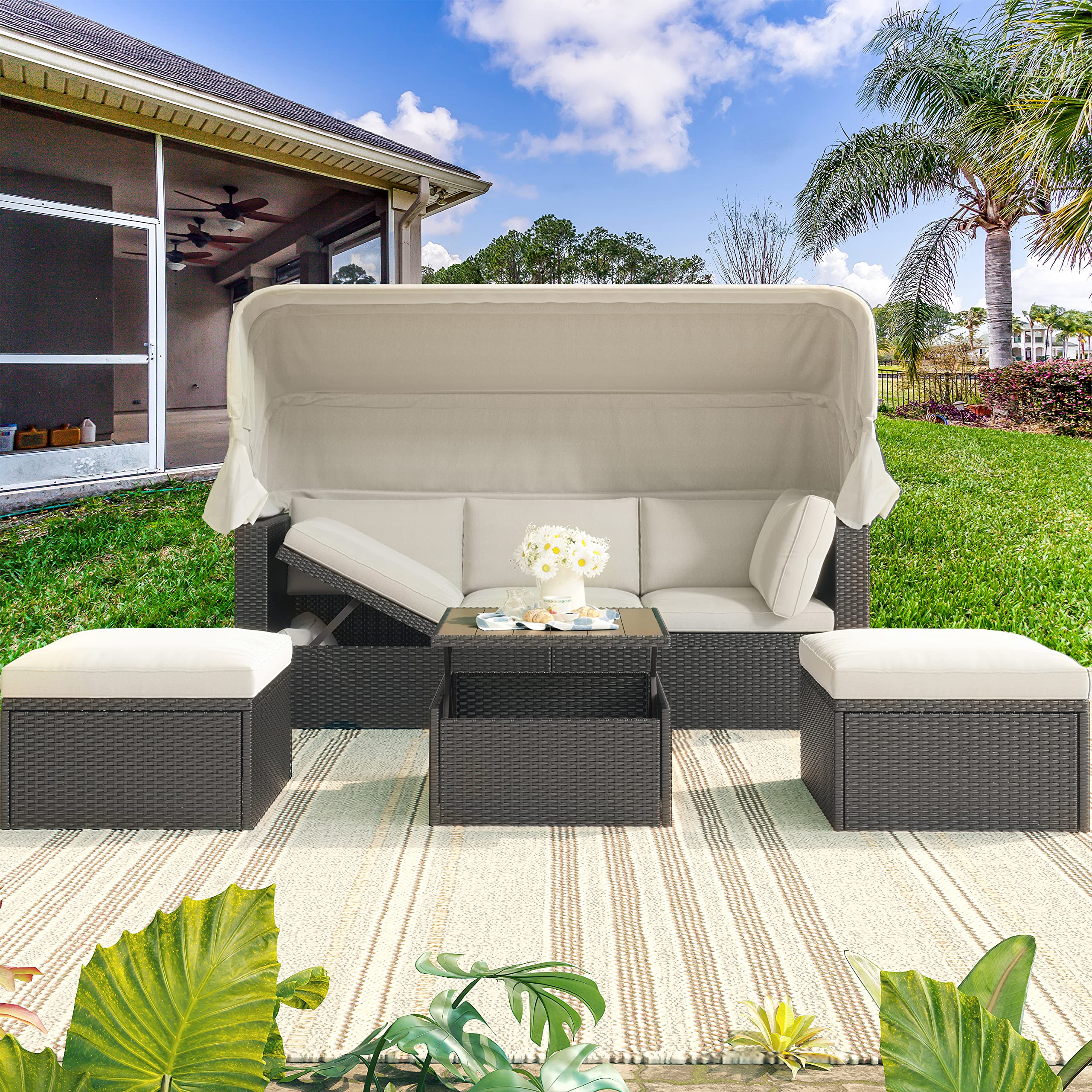 4-Piece Outdoor Patio Furniture Set - Rattan Wicker Sofa Sectional with Retractable Canopy, Washable Cushions & Lift Table - Beige - Perfect for Backyard, Garden, Poolside & Patio Relaxation
