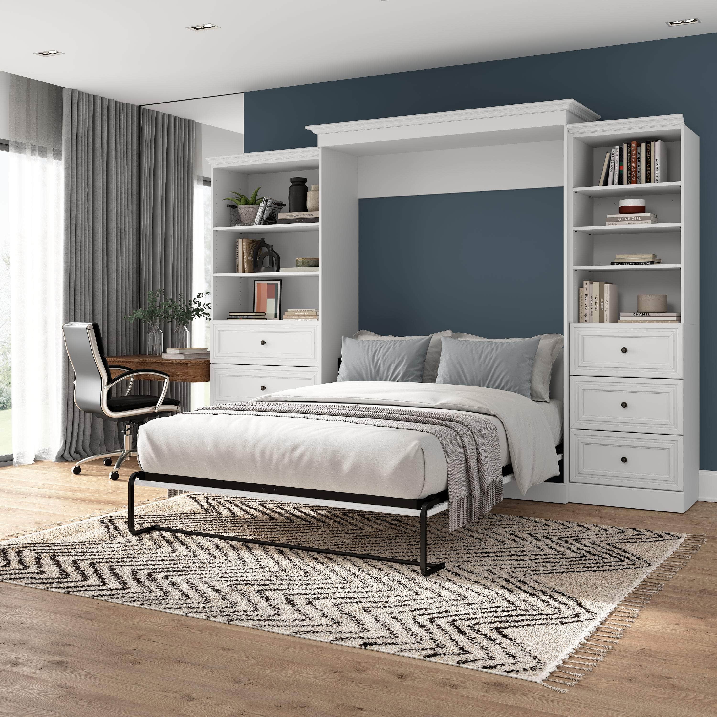 White Queen Murphy Wall Bed with Closet Organizers & Drawers - Space Saving Foldable Bed for Small Apartments, Guest Rooms & Home Offices