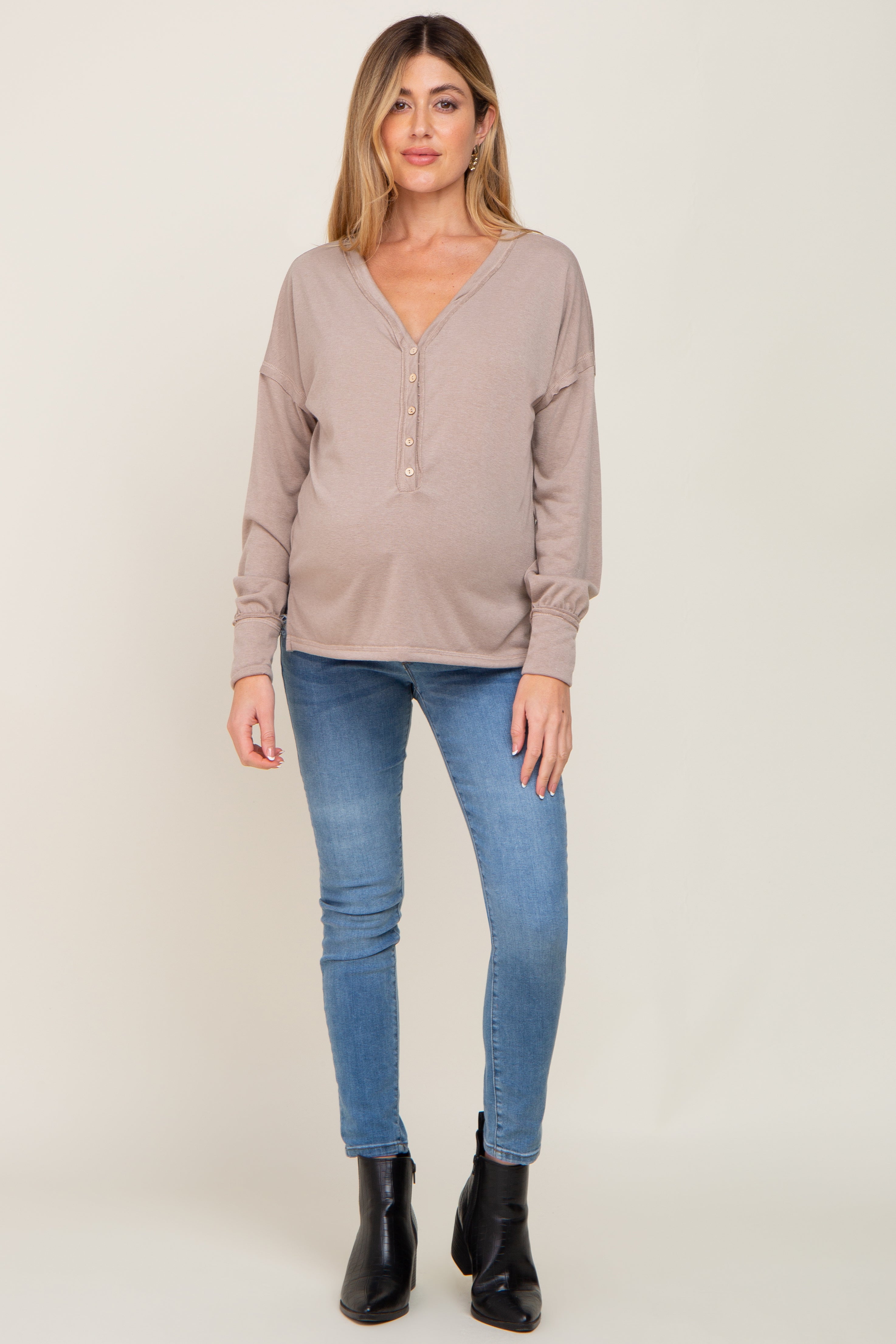 Beige Button Front Terry Long Sleeve Maternity Top - Soft & Comfortable Pregnancy Shirt for Women | Perfect for Casual Wear, Nursing & Maternity Photos