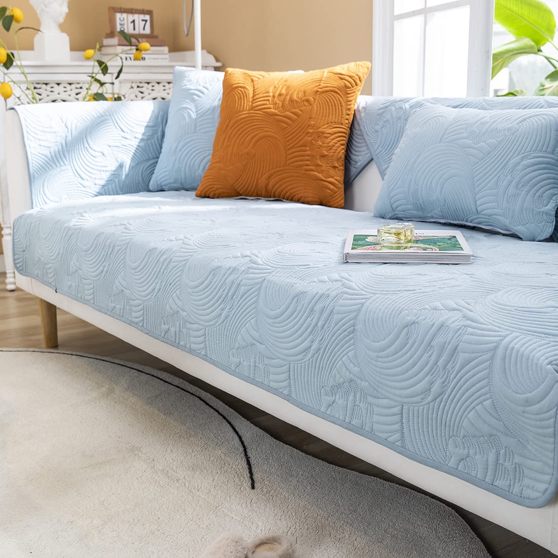 VCTOPS Non-Slip Quilted Cotton Sofa Cover - Blue Embroidery Couch Protector for Sectional, L-Shaped & Recliner Sofas (28