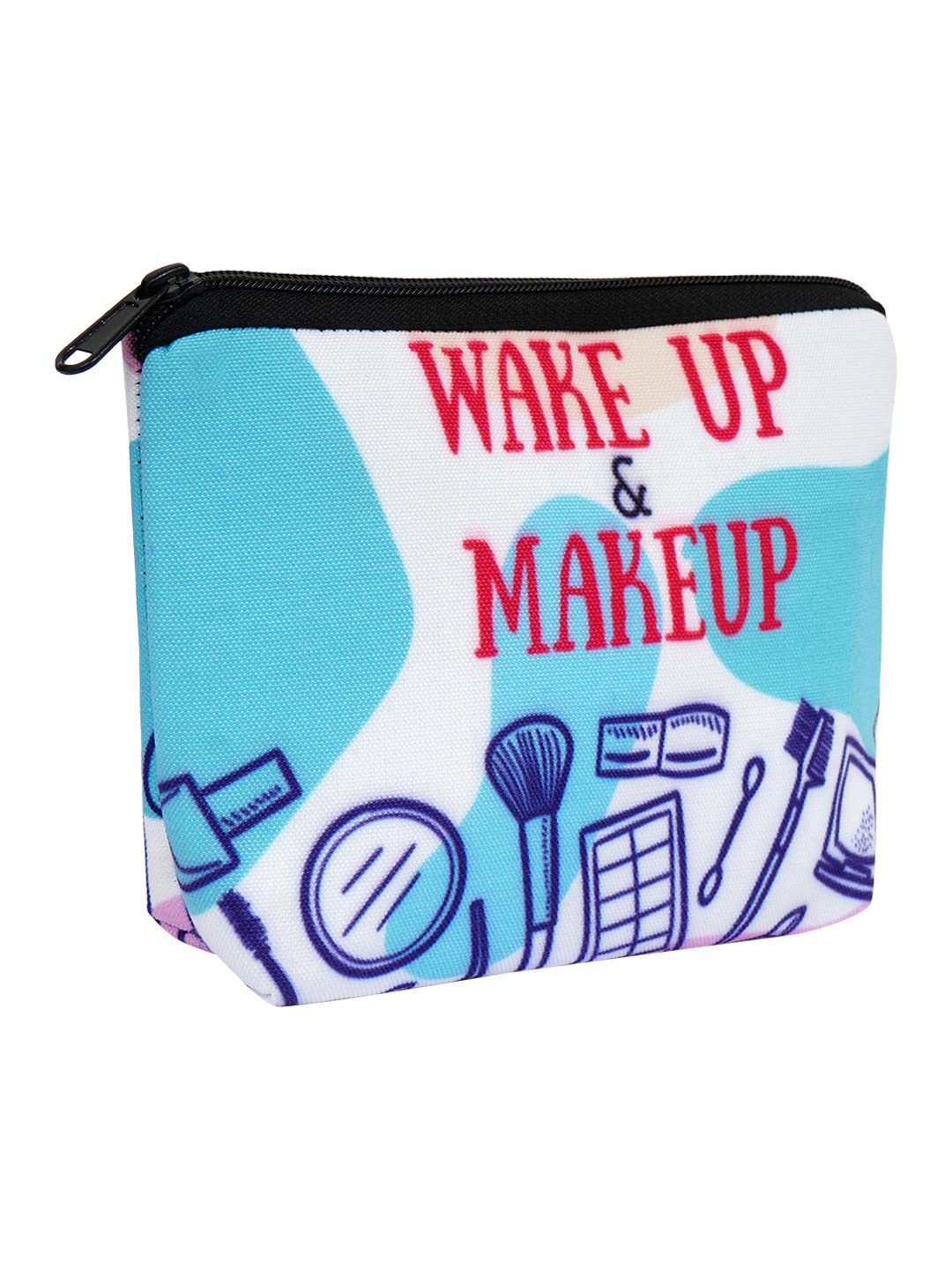 Crazyify Wake Up & Makeup Printed Canvas Cosmetic Bag for Women | Waterproof Travel Makeup Pouch | Toiletry & Beauty Storage Organizer | Perfect for Travel, Gym, and Daily Essentials