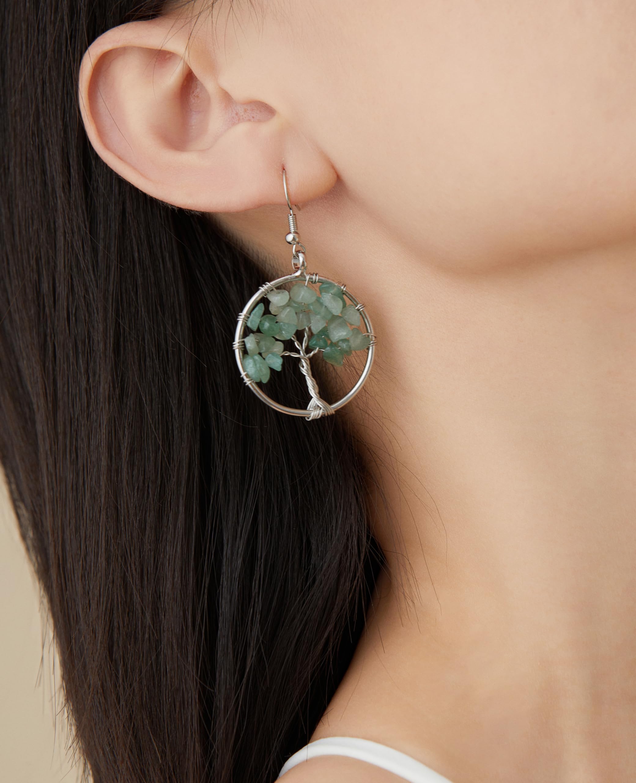 Tree of Life Hoop Earrings - Green Jade Dangle Drop Earrings for Women | Graduation Gift, Teacher Appreciation, Back to School Present | Boho Jewelry for Everyday Wear & Special Occasions