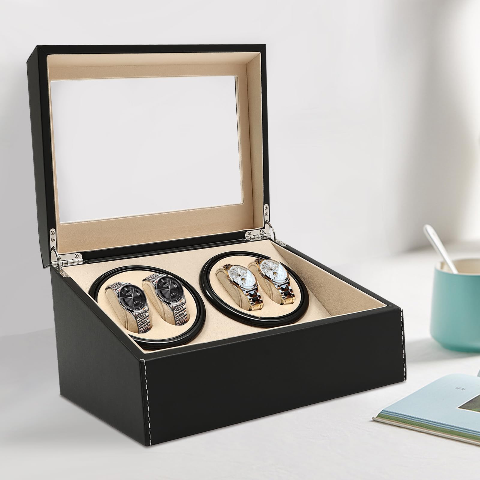 Premium Automatic Watch Winder Display Box - PU Leather 4+6 Rotating Watch Storage Case with Soft Pillows for Rolex & Luxury Watches | Perfect for Home, Office & Watch Collector Display