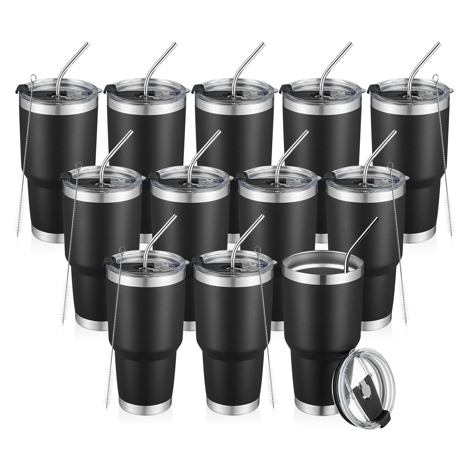 30 oz Insulated Stainless Steel Travel Coffee Mug with Lid & Straw - Double Wall Vacuum Insulated Tumbler for Hot & Cold Drinks - Powder Coated Durable Design - Perfect for Office, Commuting, Camping & Outdoor Activities (Black, 12 Pack)