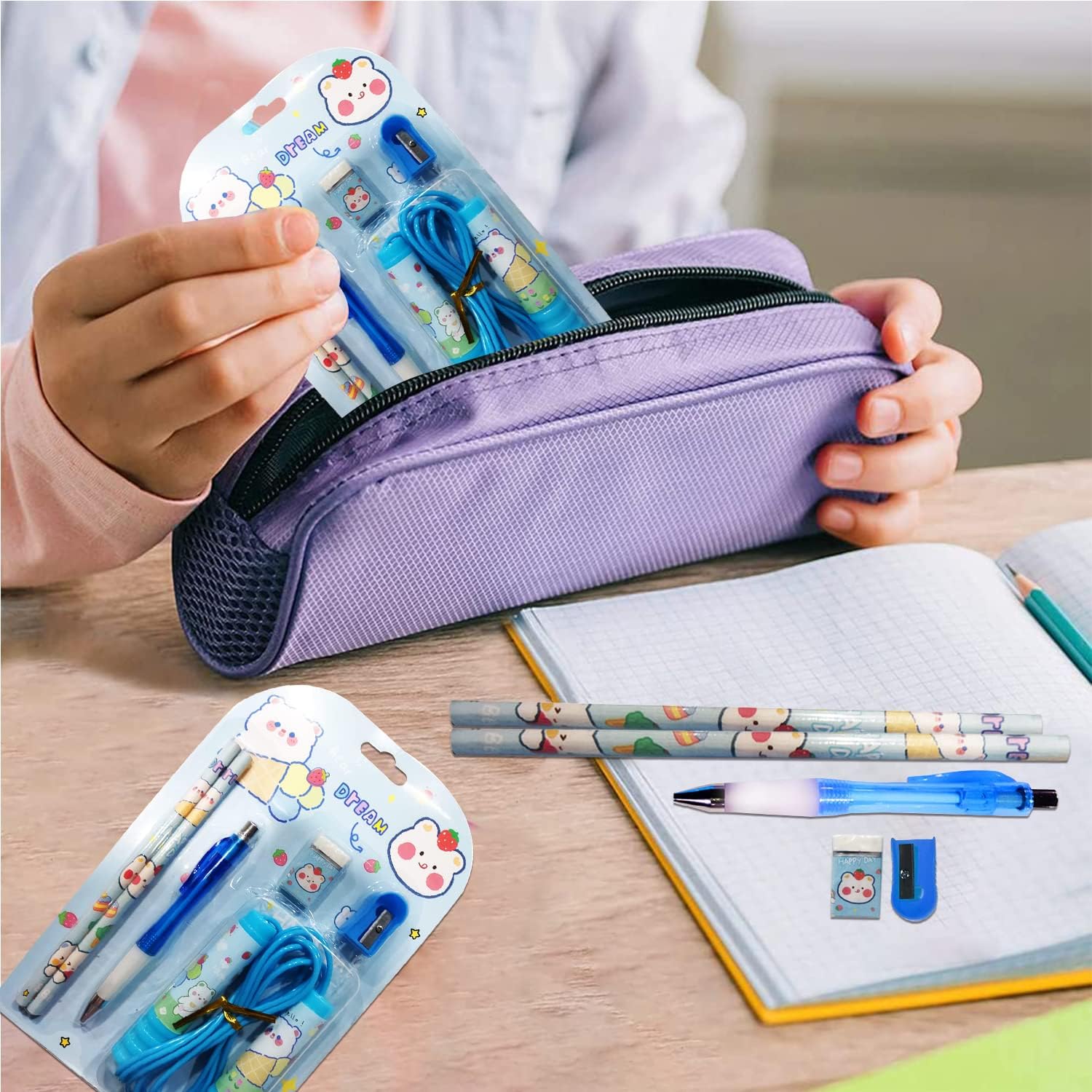 WingsCreations Kids Birthday Return Gifts - 6 Piece Blue Stationery Set with Pen, Pencil, Sharpener, Eraser & Jump Rope | Perfect for School Supplies, Party Favors & Children's Gift Ideas