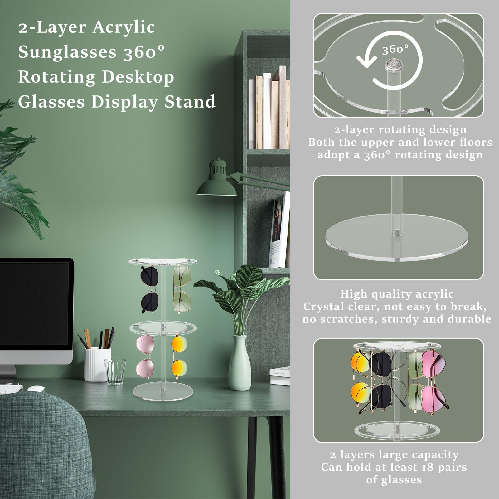 360° Rotating Sunglasses Holder Stand - 2-Tier Large Capacity Eyeglass Display Rack - Clear Acrylic Sunglass Organizer Storage for 18+ Pairs - Perfect for Retail Stores, Home Decor & Office Organization