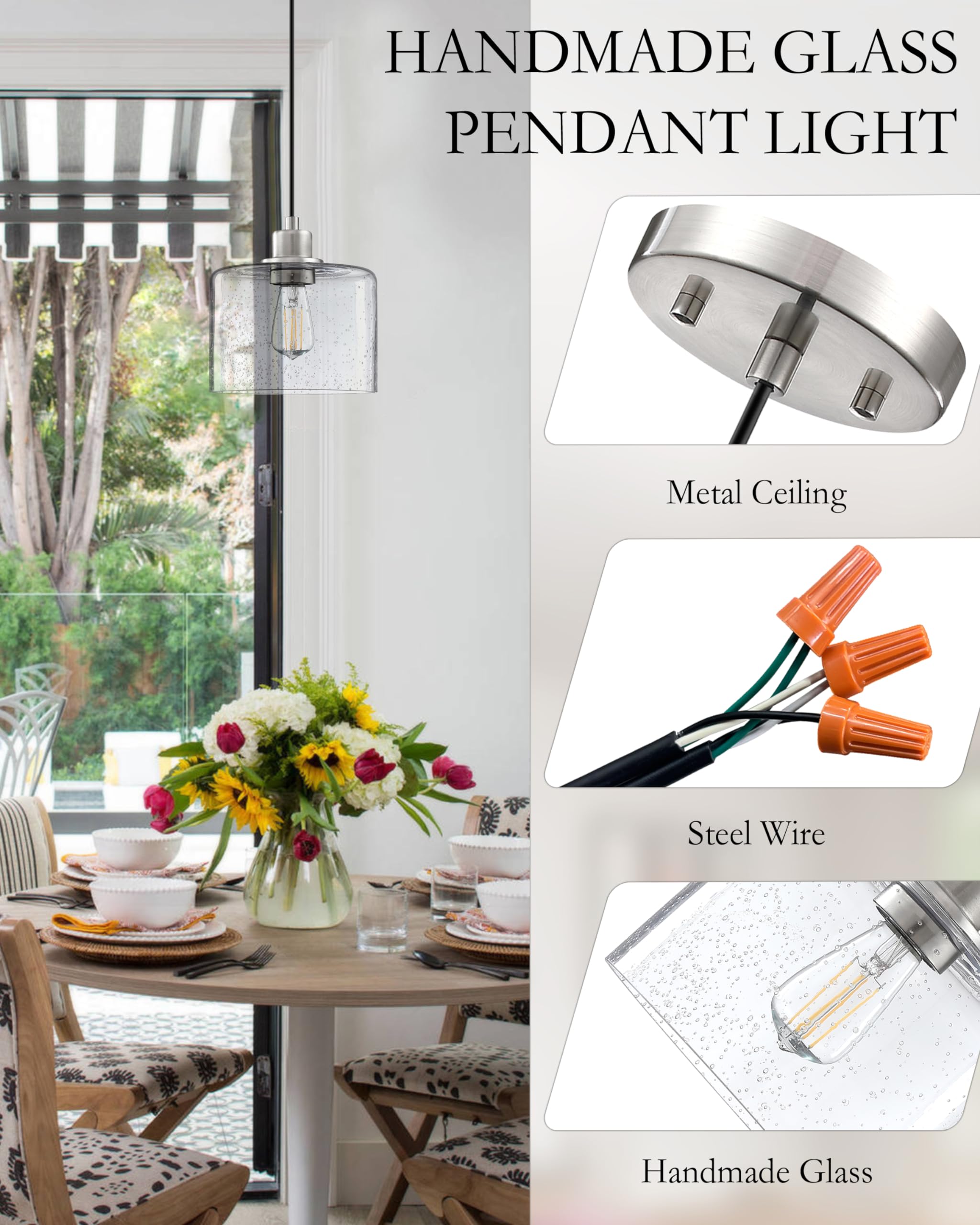 2 Pack Modern Kitchen Island Pendant Lights - 7.3 Inch Seeded Clear Glass with Brushed Nickel Finish - Farmhouse Hanging Light Fixture for Kitchen, Dining Room, Bedroom & Living Room - Perfect for Kitchen Islands, Breakfast Bars, and Home Decor Lighting