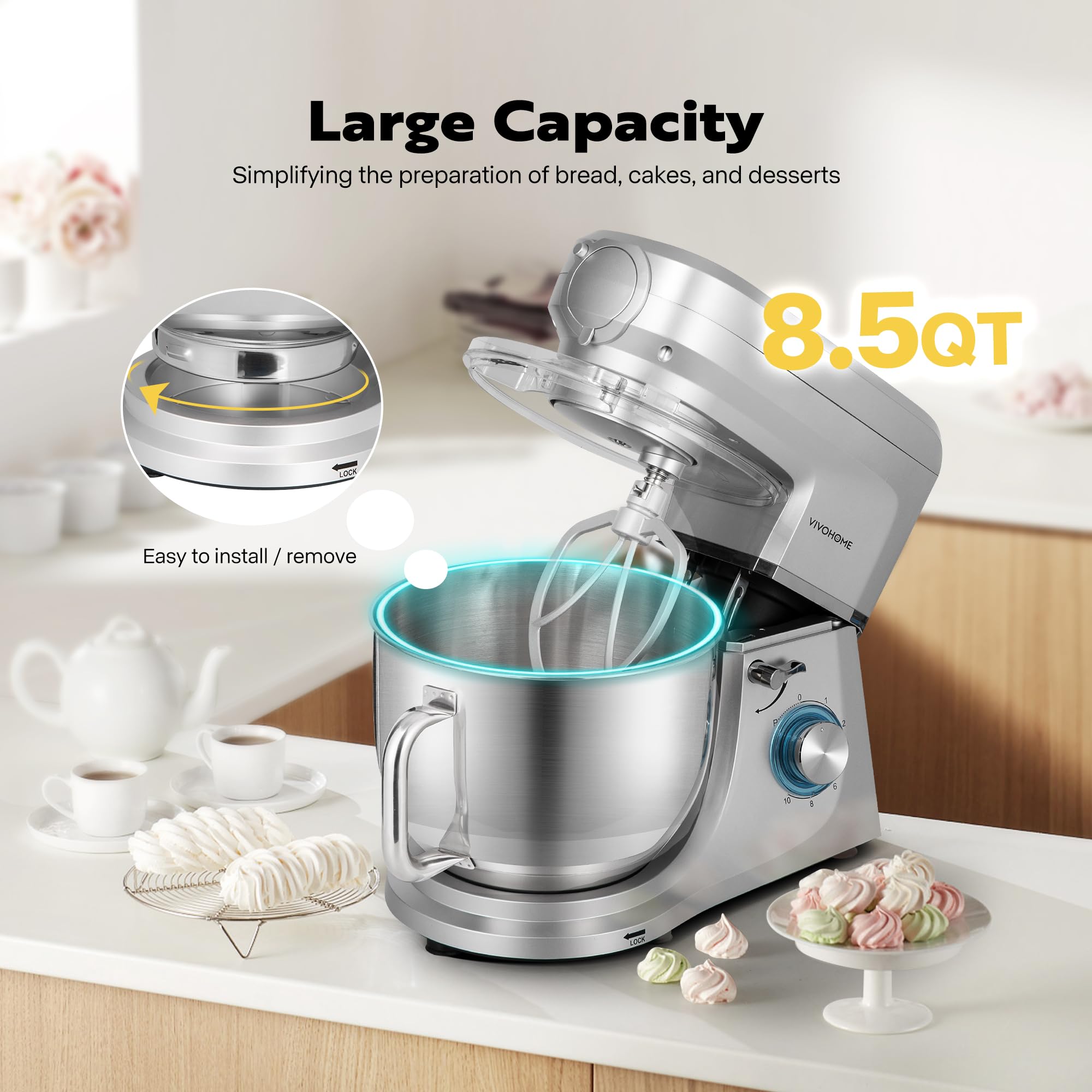 VIVOHOME 6-in-1 Multifunctional Stand Mixer with 8.5 Quart Stainless Steel Bowl, 660W 10-Speed Tilt-Head Meat Grinder, Juice Blender, Vegetable Slicer, Pasta & Cookie Maker - Perfect for Baking, Cooking & Meal Prep in Home Kitchen (Silver)