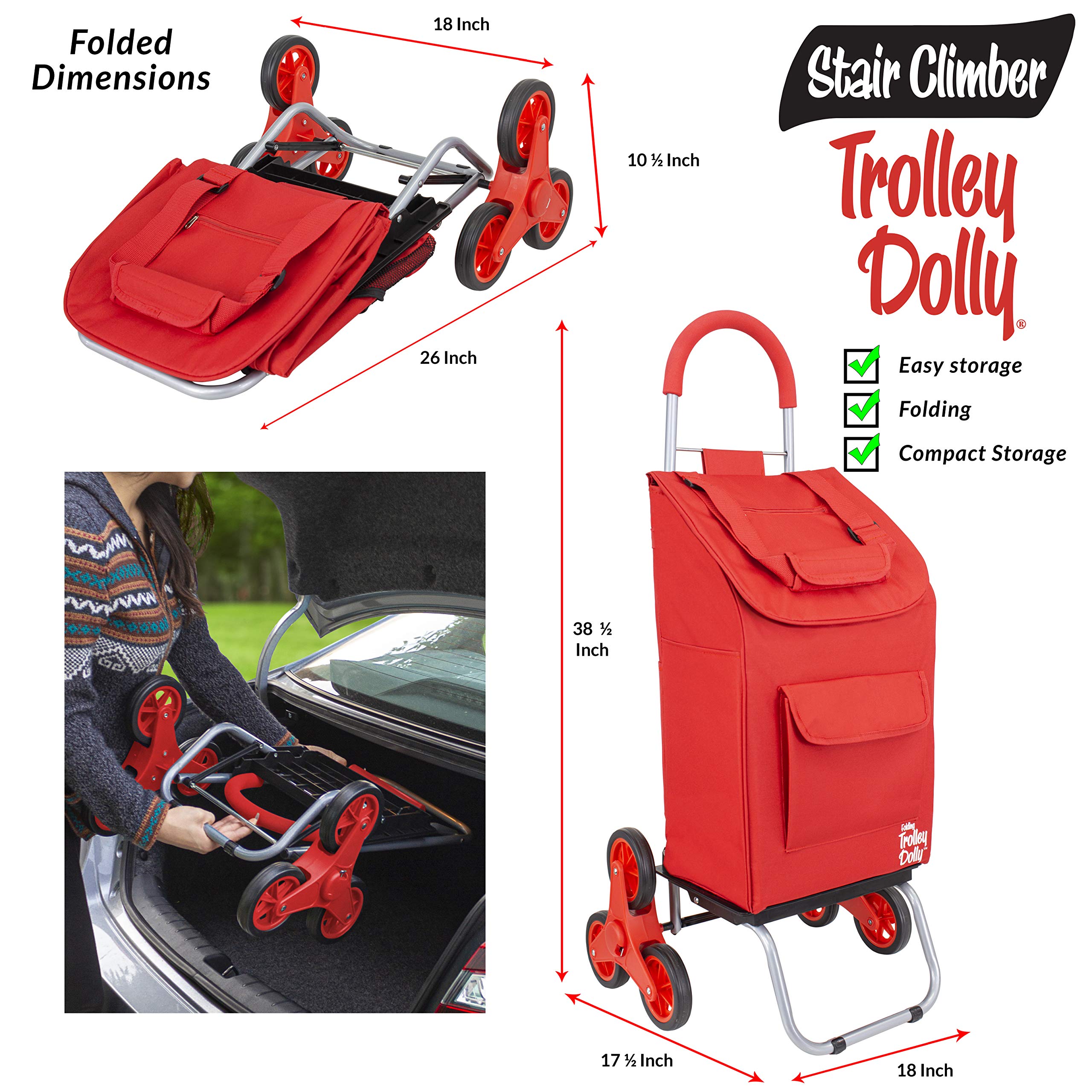 Dbest Trolley Dolly Stair Climber - Foldable Grocery Cart with Wheels for Stairs | Heavy Duty Shopping Cart for Apartments, Condos & Homes | Perfect for Groceries, Laundry & Moving Supplies (Red)