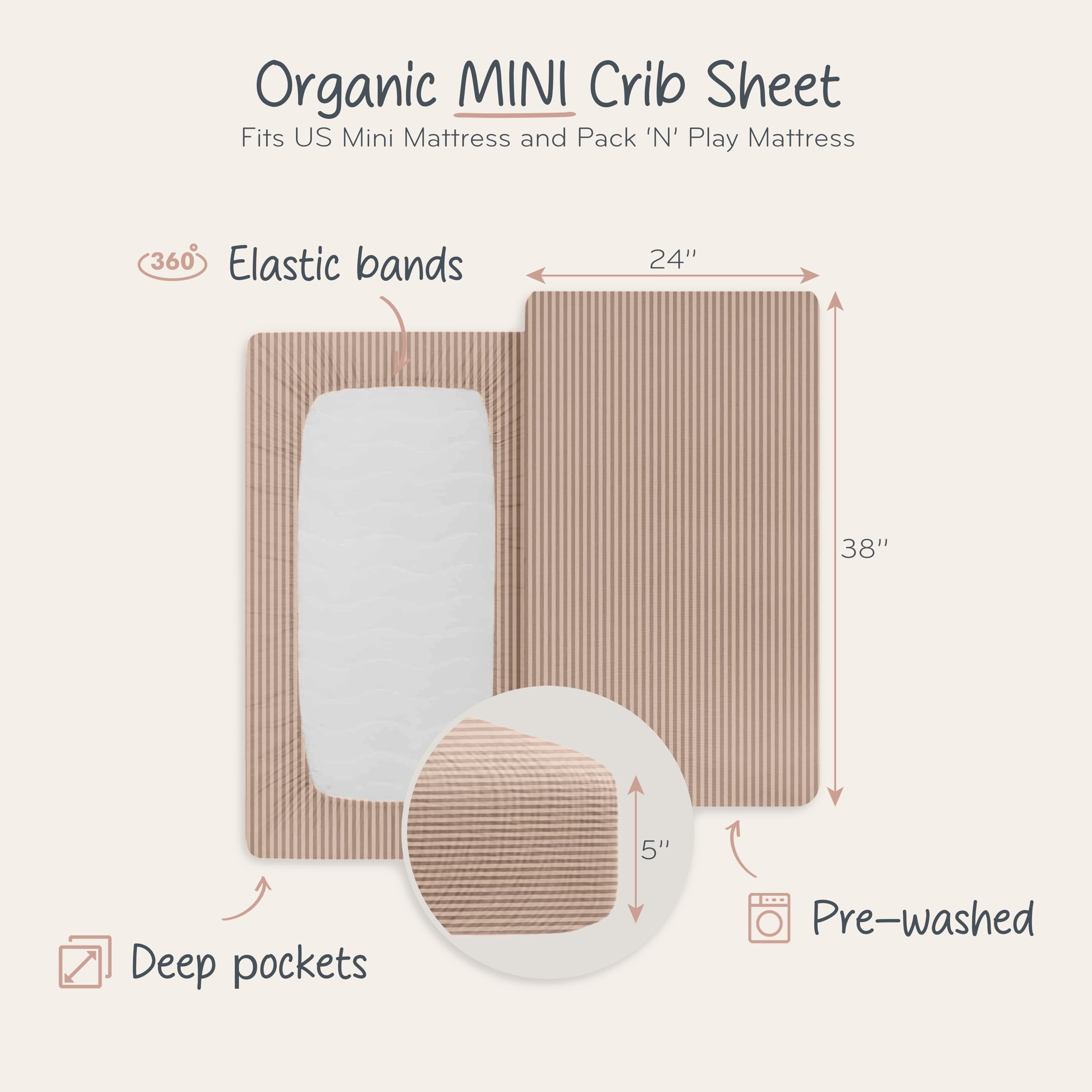 Organic Cotton Fitted Mini Crib Sheet for Baby Boy & Girl - 24