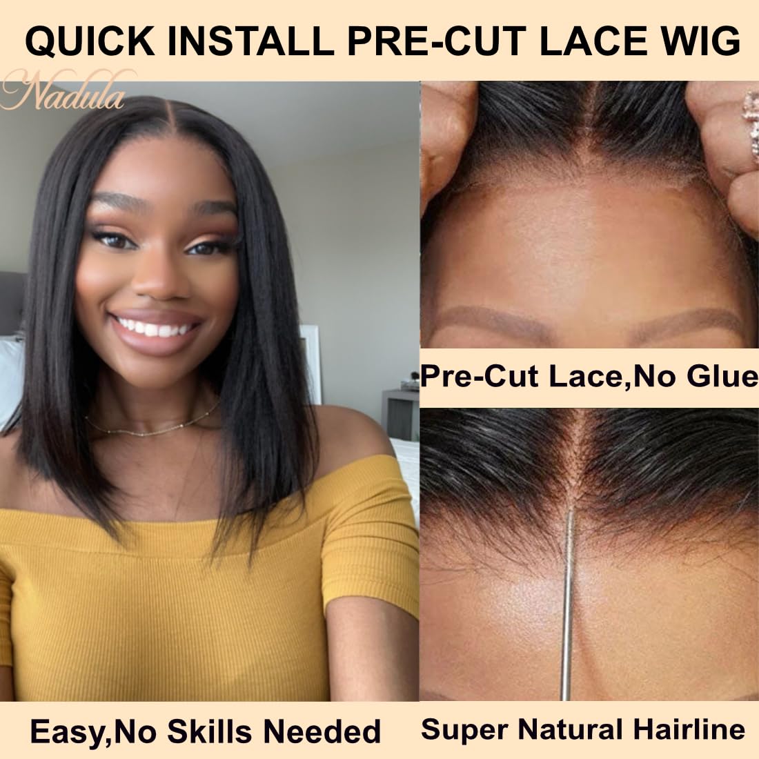 Nadula Pre Everything Glueless Yaki Straight Bob Wig 13x4 HD Lace Front Human Hair Wig - Bleached Knots, 150% Density, 10 Inch Short Bob with Ear Tape | Perfect for Daily Wear, Cosplay, and Protective Hairstyles