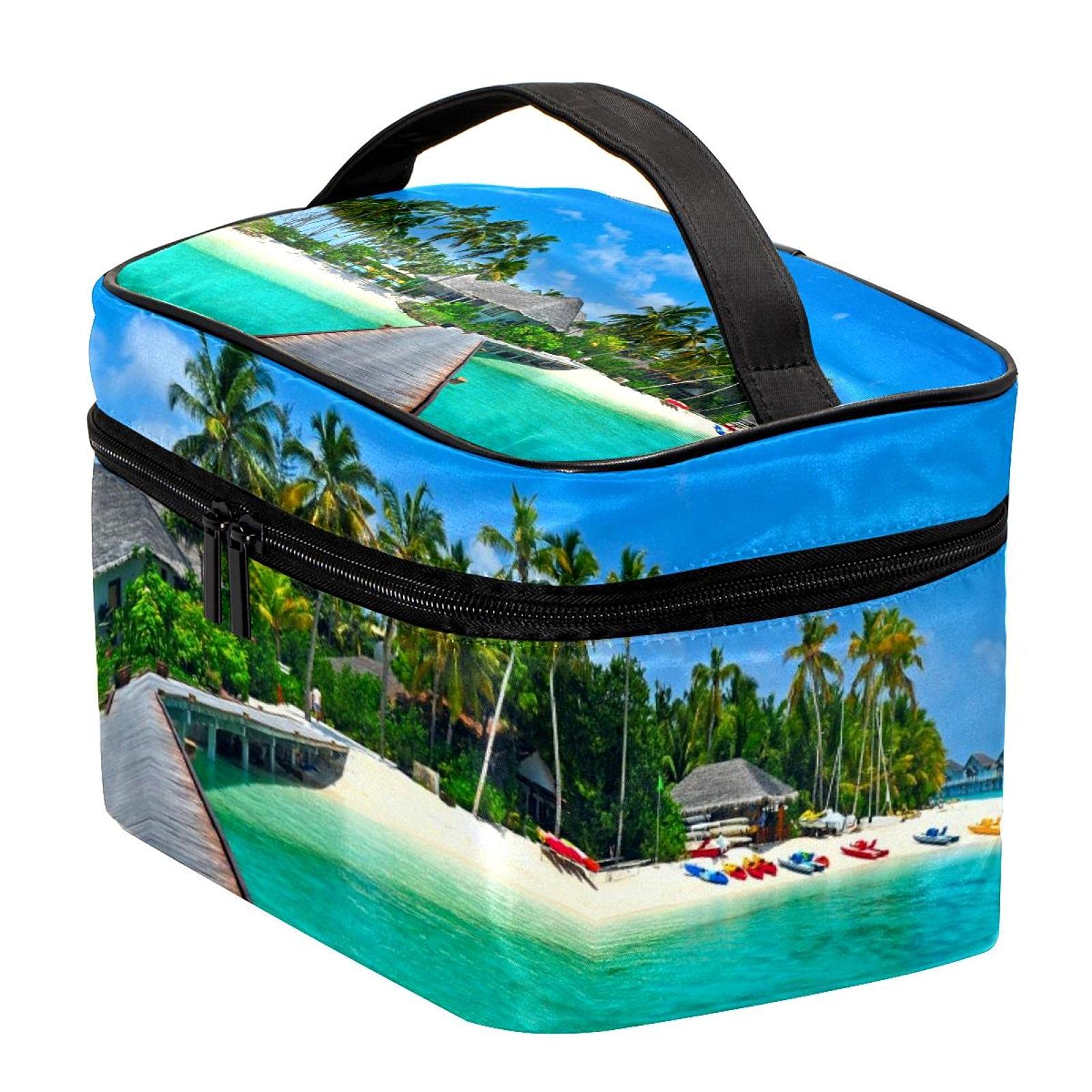 Waterproof Tropical Beach Print Travel Makeup Bag - Large Cosmetic Organizer with Zipper for Women & Girls | Perfect for Vacations, Beach Trips & Gym Essentials