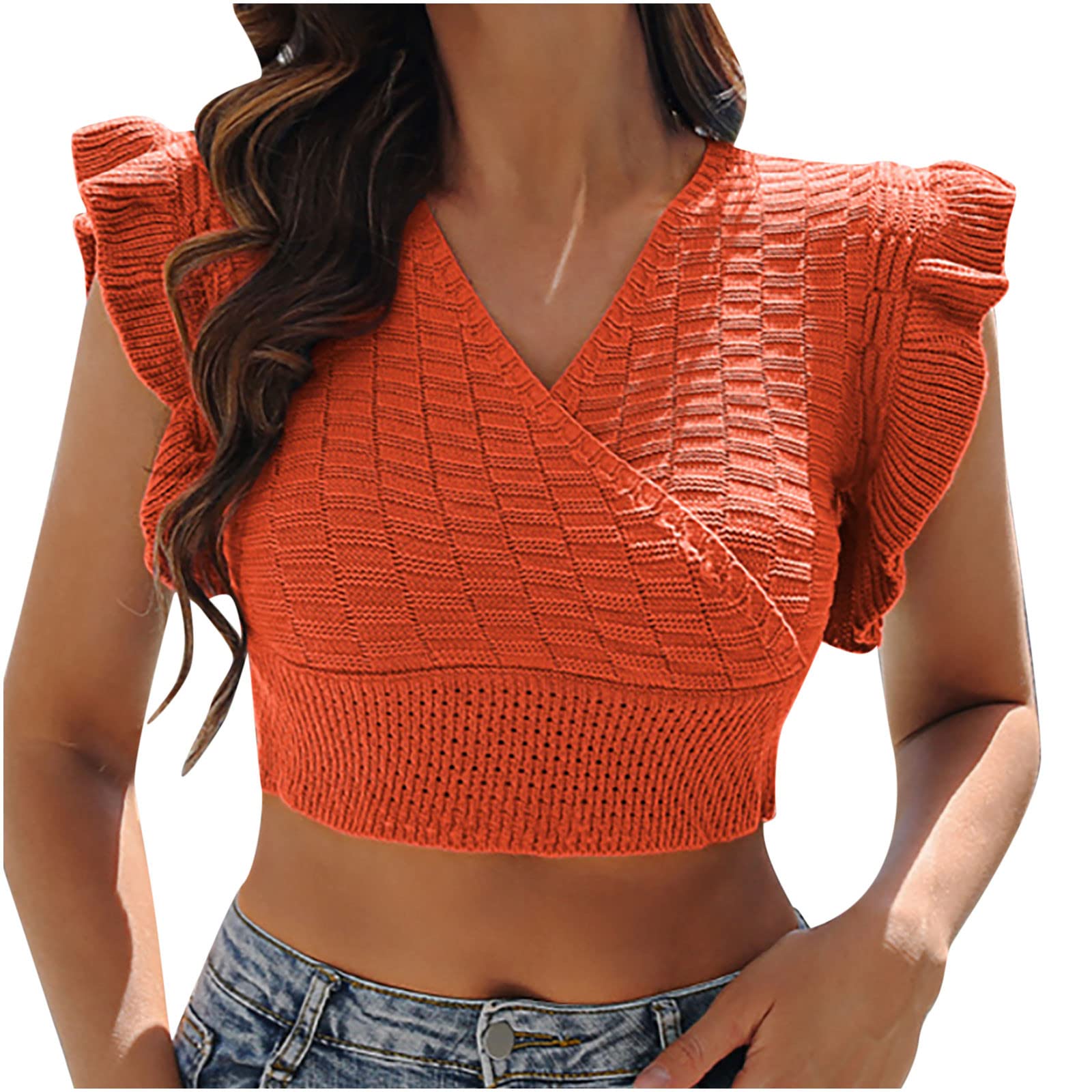 Elegant Women's Solid Color Ruffle Sleeveless Tunic Top - Sexy Cross V Neck Crop Sweater for Women | Perfect for Casual Outings, Date Nights & Office Wear